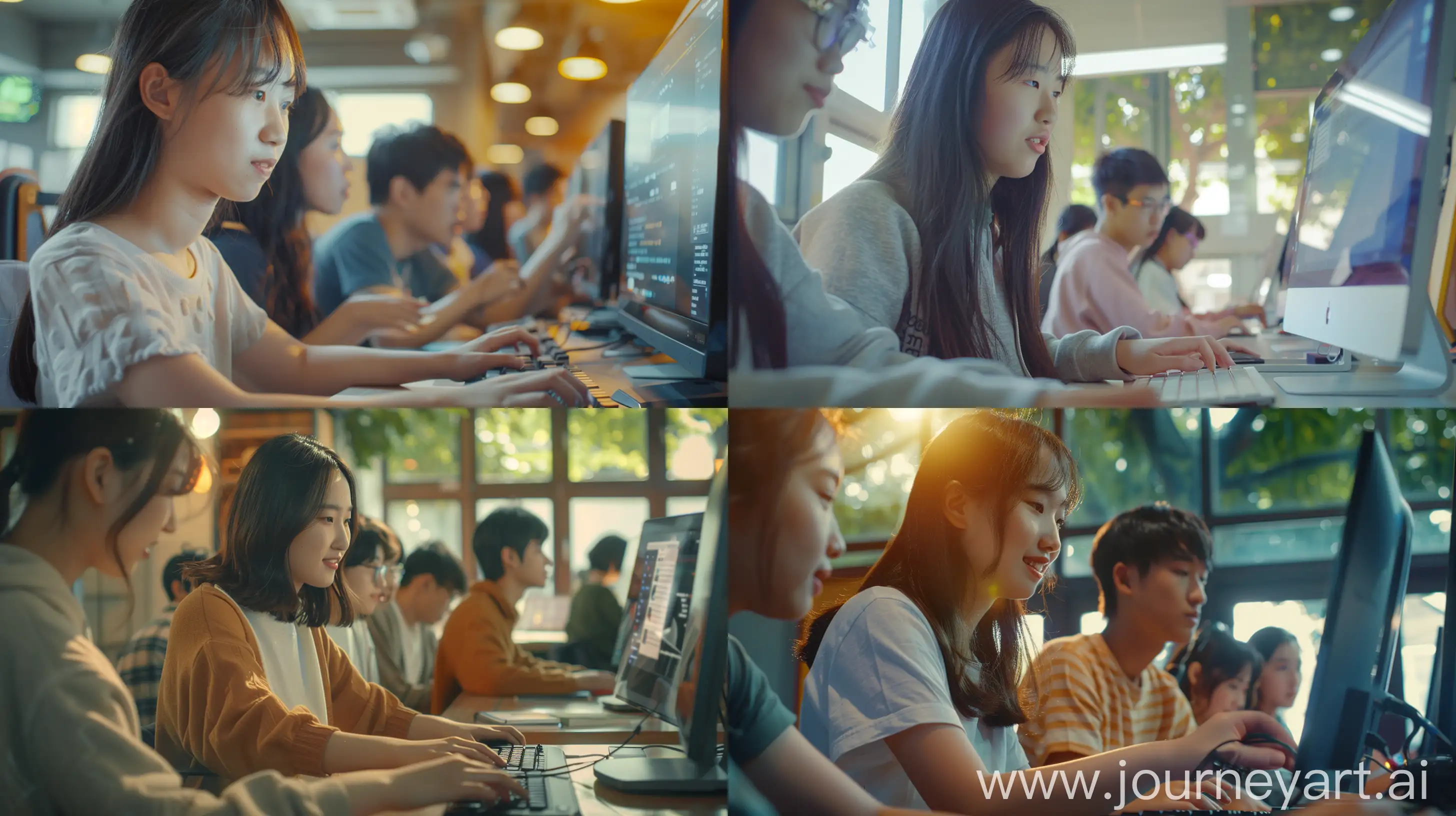 Joyful-Asian-College-Student-Operating-Computer-with-Friends