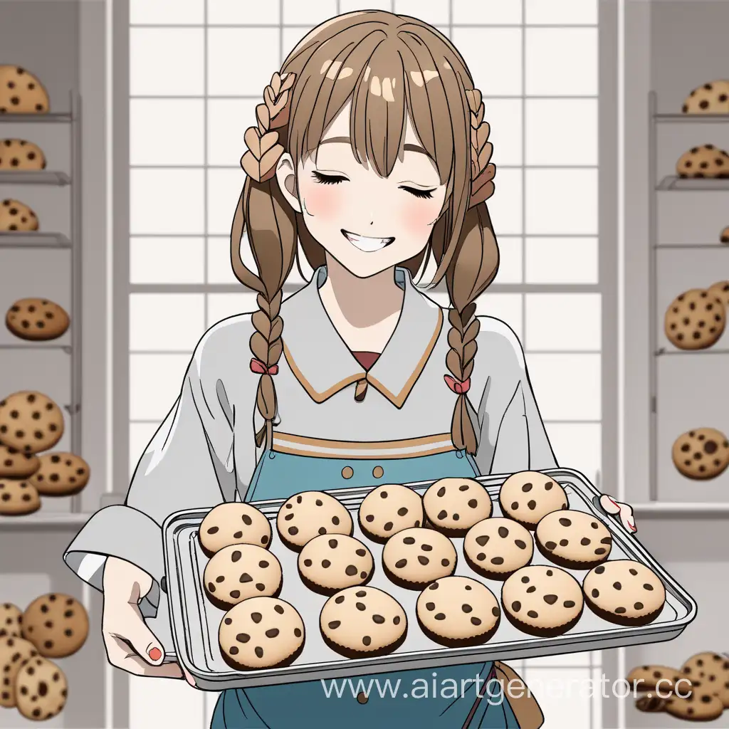 The girl in anime style, holding a tray of cookies, with closed eyes and smiling
