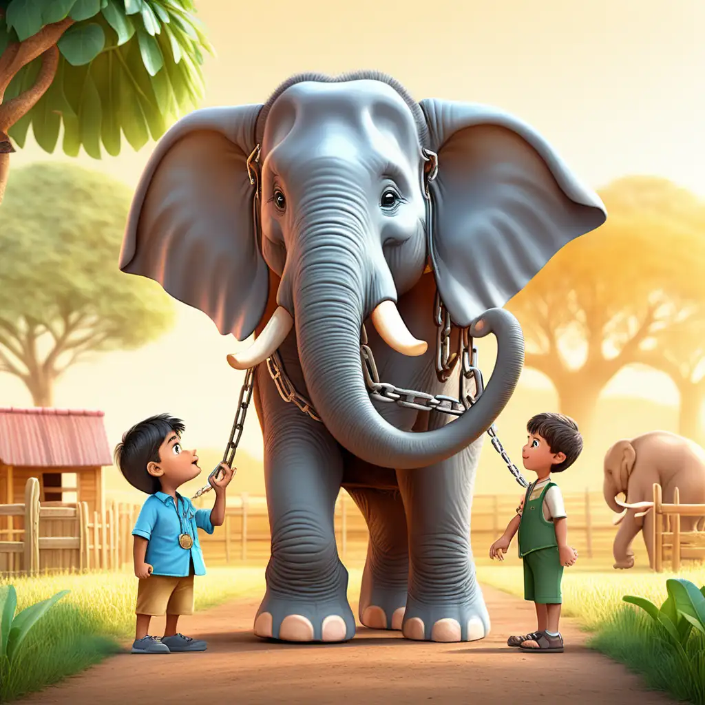 Create a 3D illustrator of an animated character of a little boy, talking to a elephant keeper, a huge elephant standing in the farm, the elephant's foot is tied with a chain. Beautiful and spirited background illustrations.