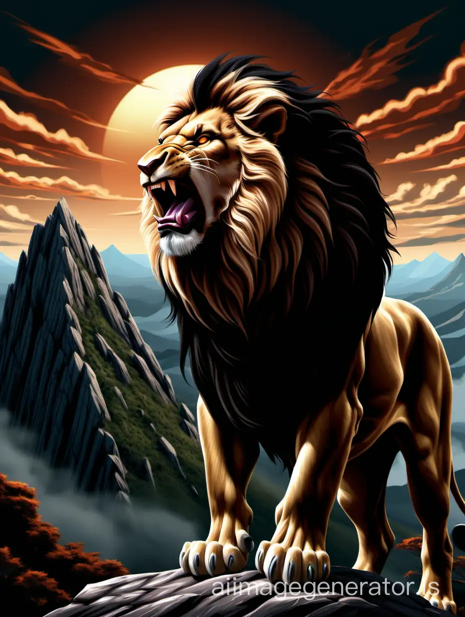 the dark lion king roars, black mane, roar, mountain, fantasy realism, vector graphics, illustration, HD, detailing