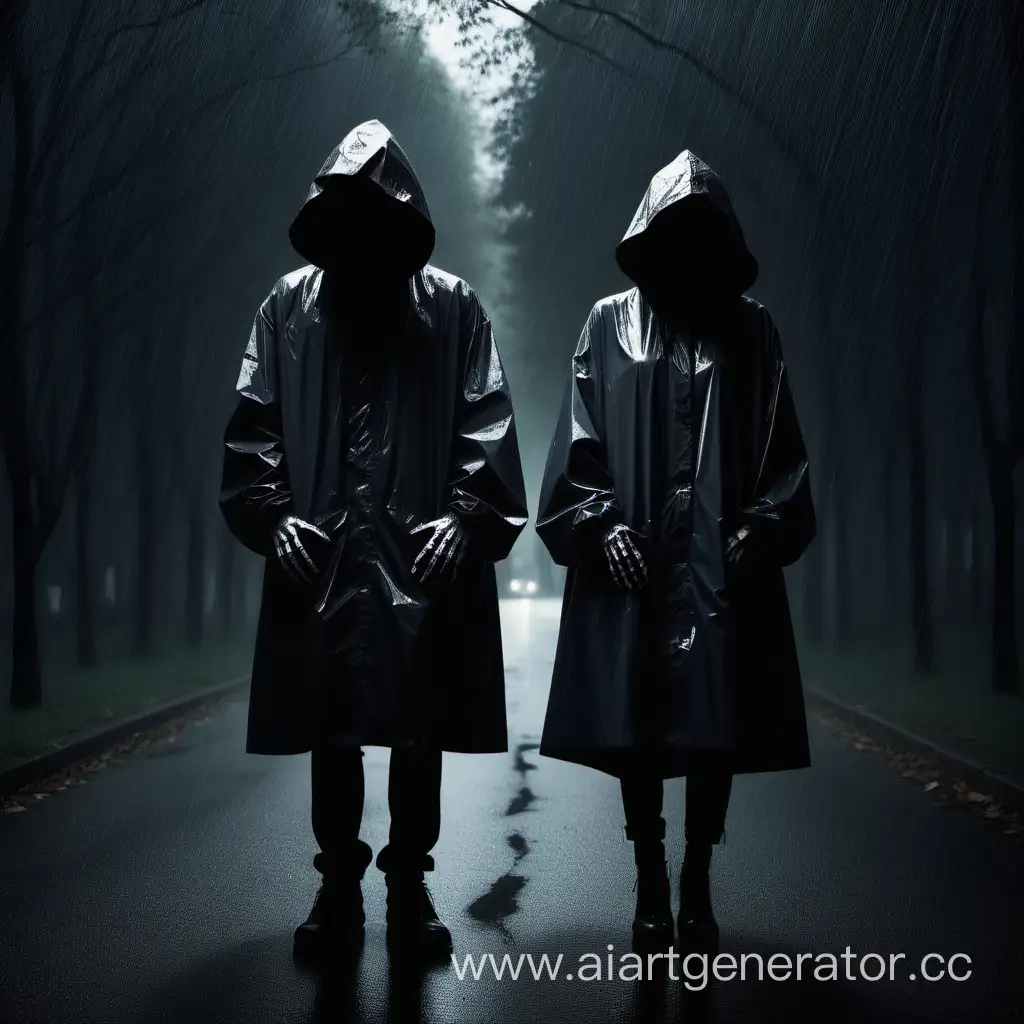 2 people in a hood, they have skulls instead of faces. They are wearing a raincoat. they cast a shadow