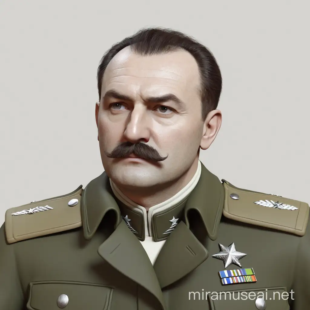 Nikolai Kozlov.  a man dressed in an army jacket. he has a mustache. hair combed to the side.
style realism 3d-animation
