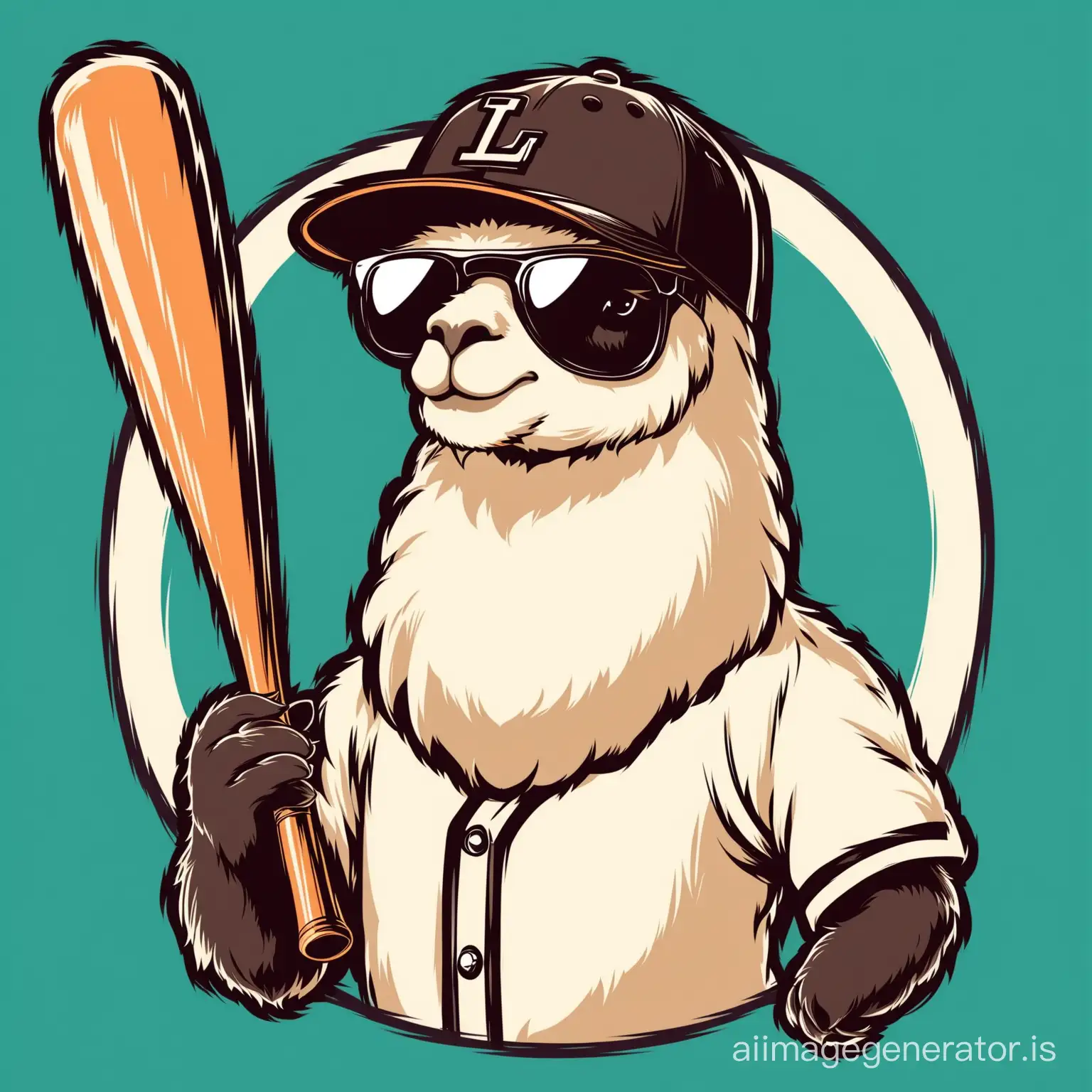 A llama baseball a wearing sunglasses and a baseball hat is depicted, holding a baseball bat and a baseball ball. The background is black. vector design. Vintage color