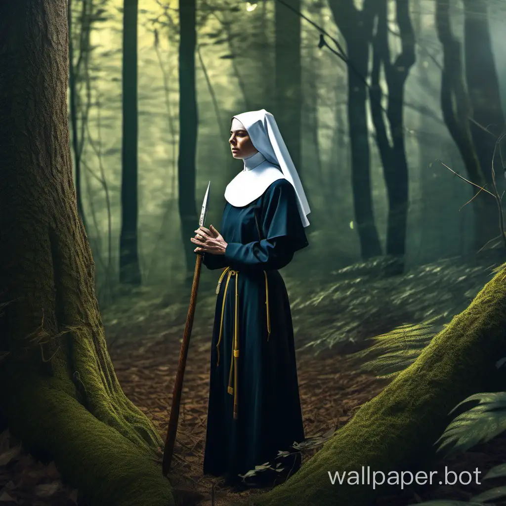 a warrior nun is standing in the forest, she is thinking about now, there is magic in the forest she is in, hyperrealistic, wermeer colours