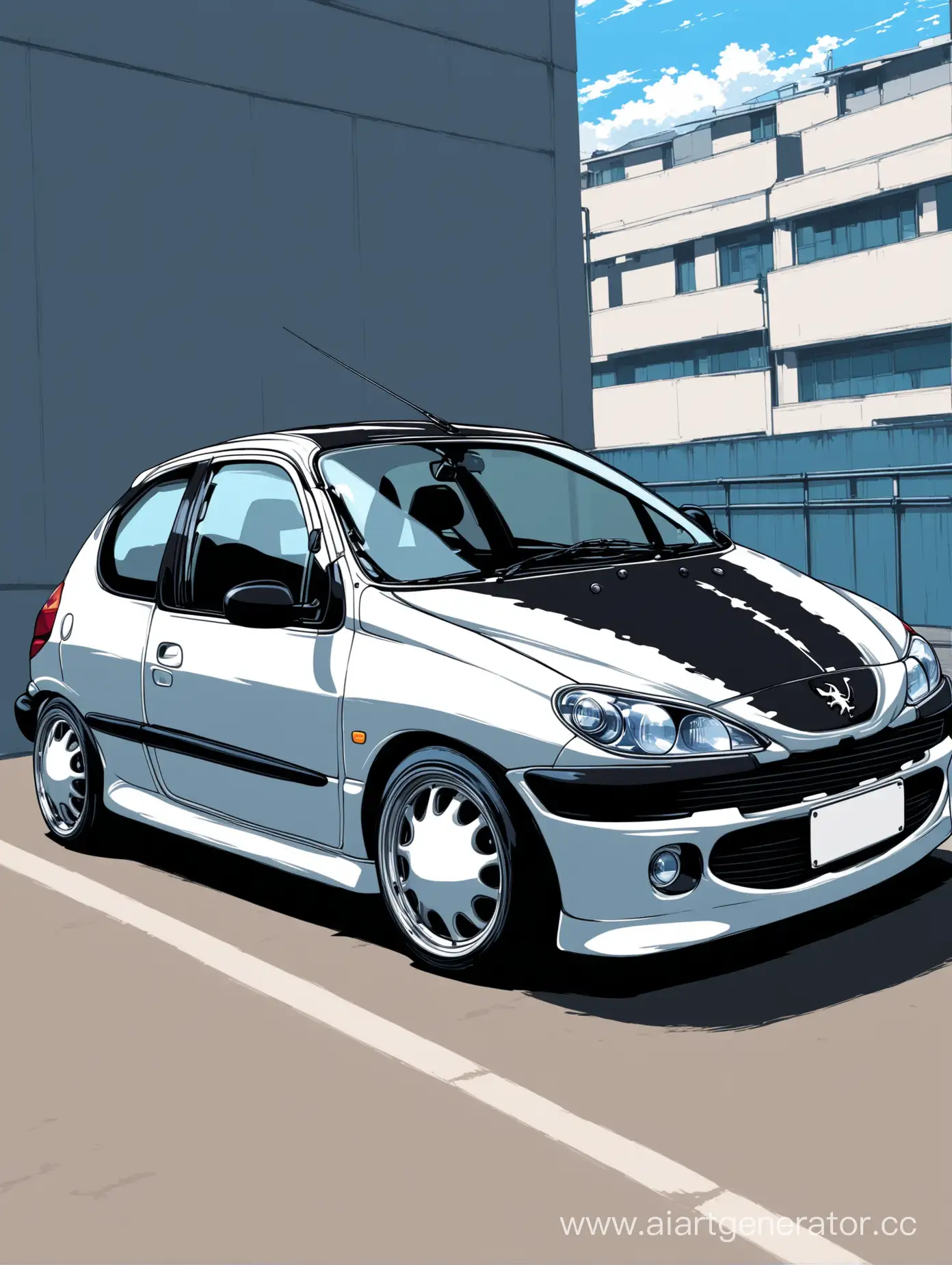 Peugeot 206 покрашен черными  линиями в стиле аниме 