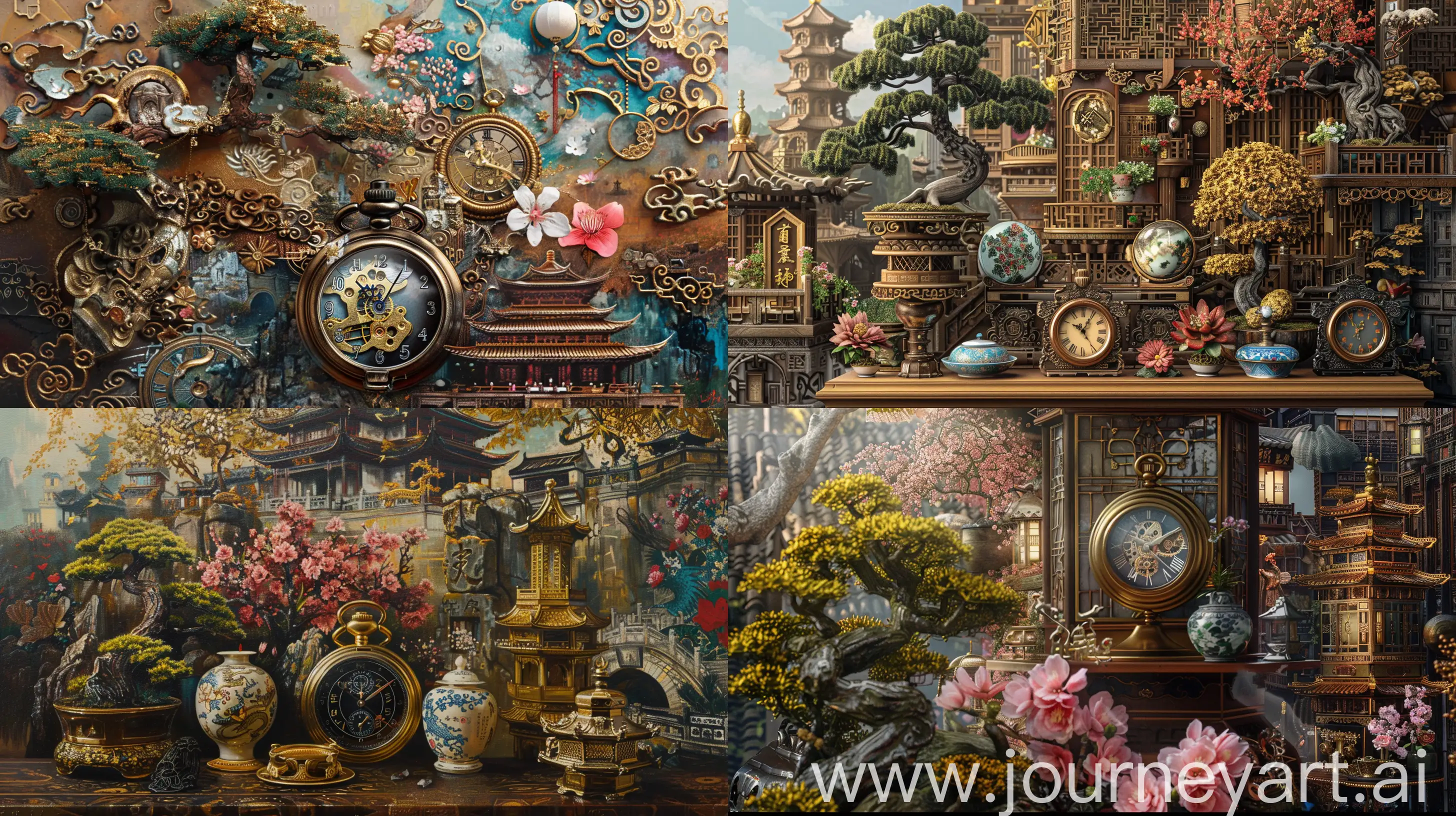 **elegantism, insane detail, painting masterpiece ,Extreme authentic decor , pocket watch, bonsai, flower, porcelain, perfect exact rendering, embellished and intricate architectural ornamentations, many china and japan artifacts and architecture, gold, epic and great, greebles::2 --ar 16:9 --q 1