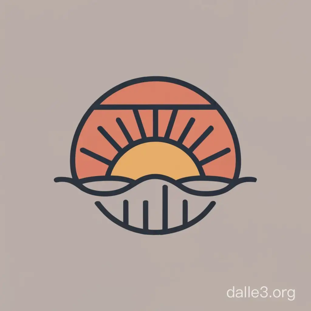 brand logo with a ocean sunrise through a camera lens drawn with one line, minimalism, primitive raster drawing