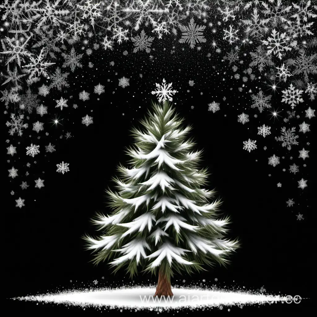 Elegant-Christmas-Tree-Amidst-Delicate-Snowflakes-on-a-Stylish-Black-Background