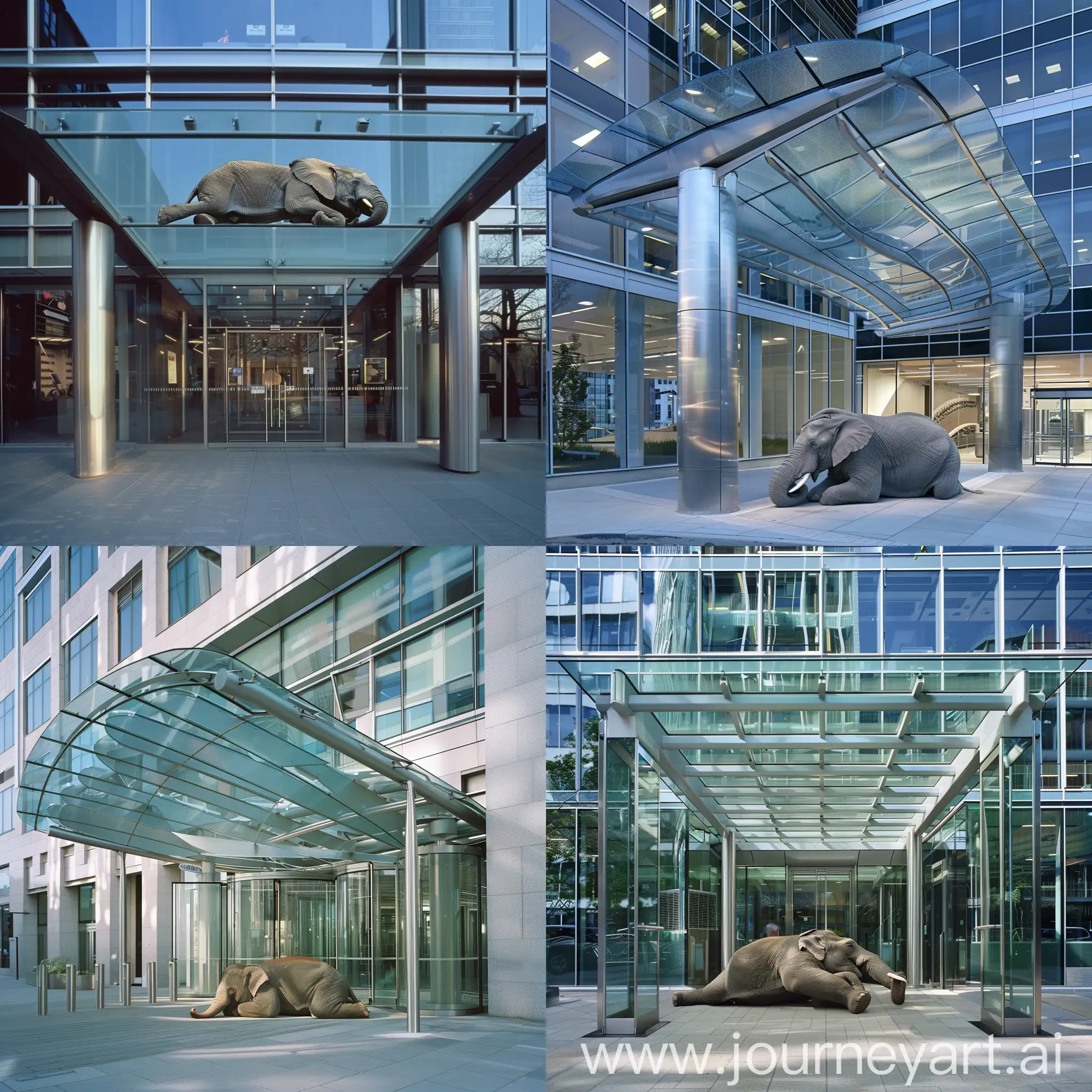 Glass canopy over the entrance to an office building. on the canopy: live elephant lies on its stomach