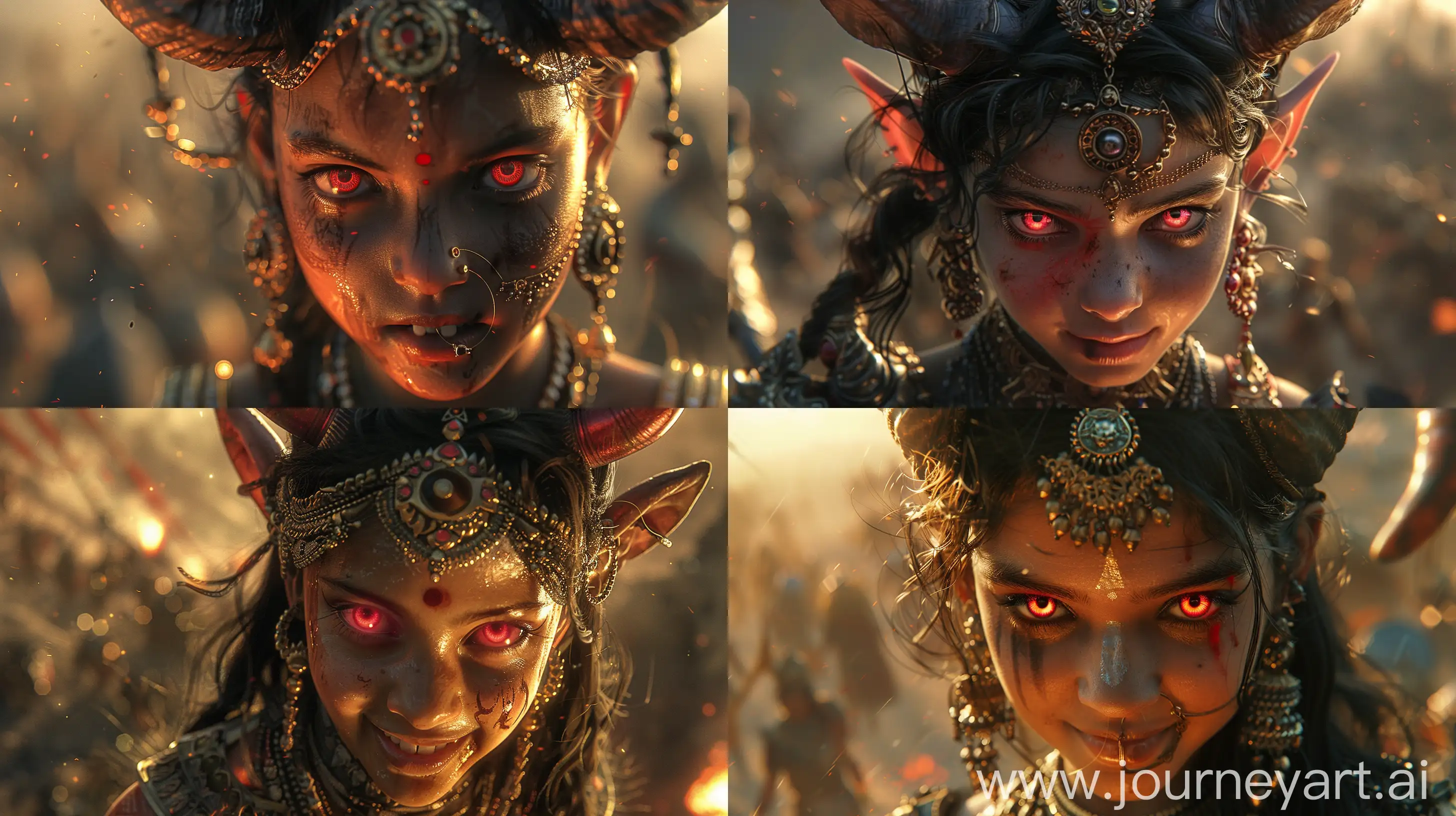 Ciinematic image of a teenage ancient Indian dem0n, with red eyes, horns and a malevolent smile, close-up, battlefield background, ornate armor, dusk light, high-resolution, intricate jewelry, smoldering eyes, epic mythological scene --s 300 --ar 16:9 --v 6