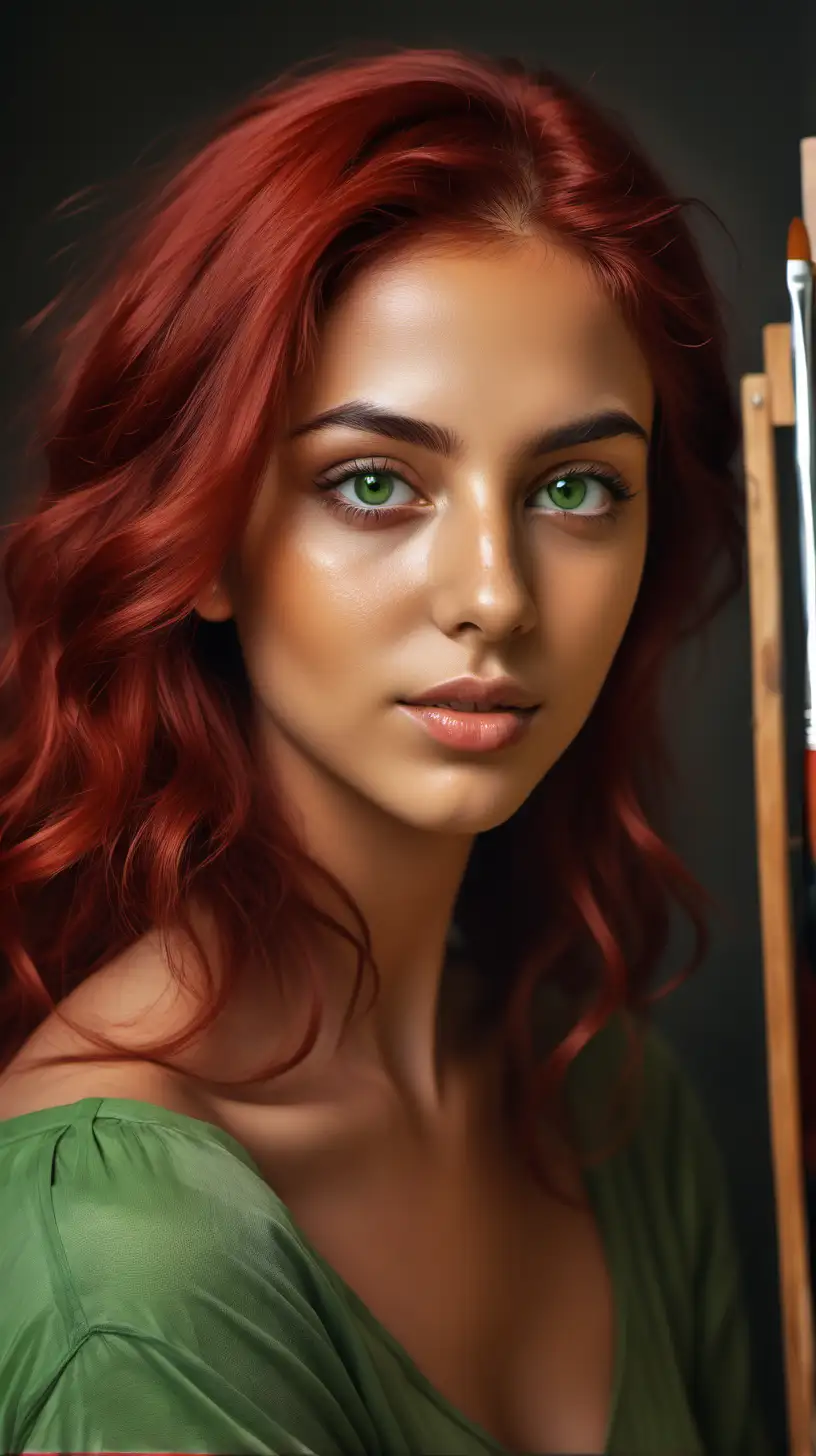 Emagine a 25-year-old beautiful olive skin, red hair and green eyes woman painting a portrait of herself 