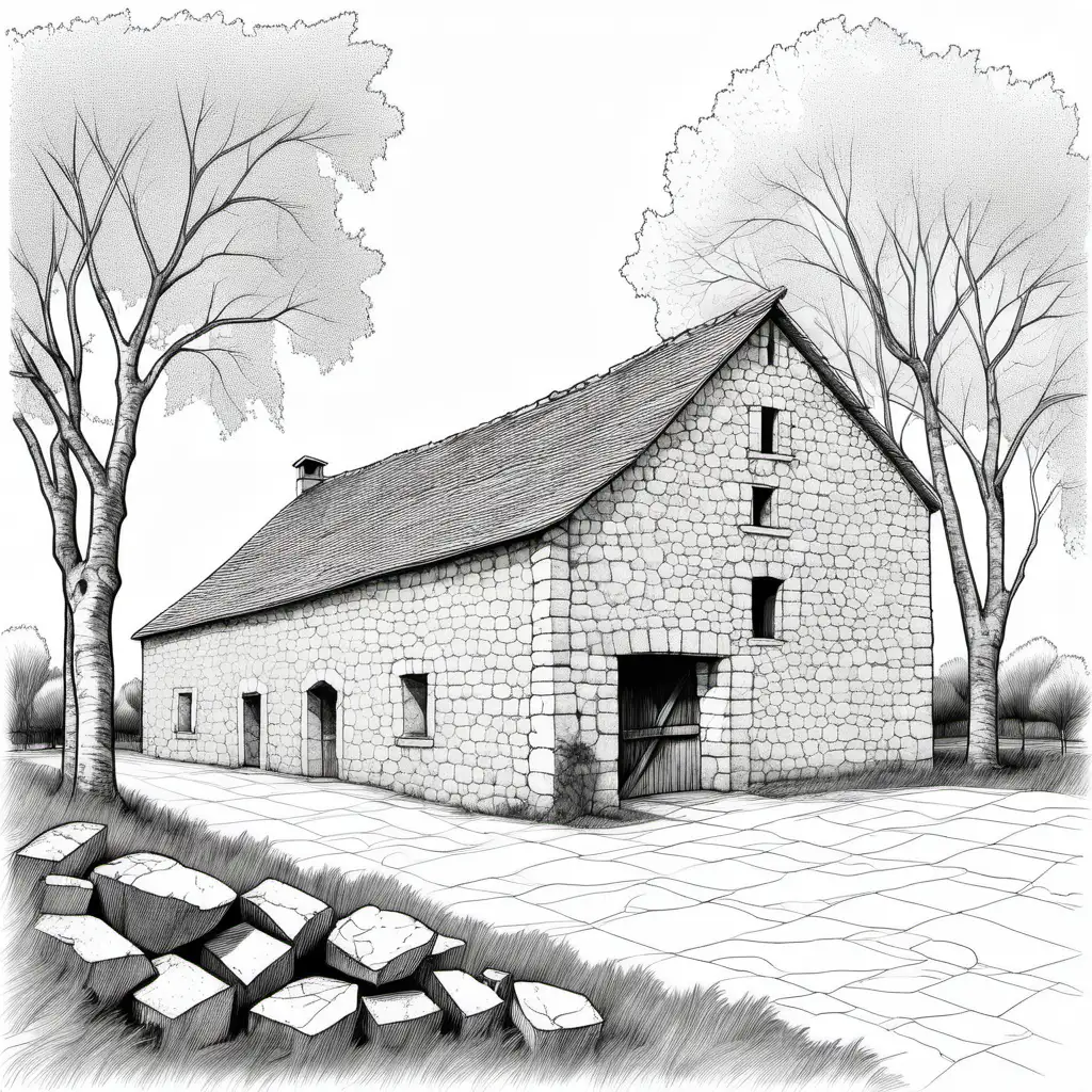 black and white simple  line dawing of a beautiful old french  stone barn with poplar trees around it