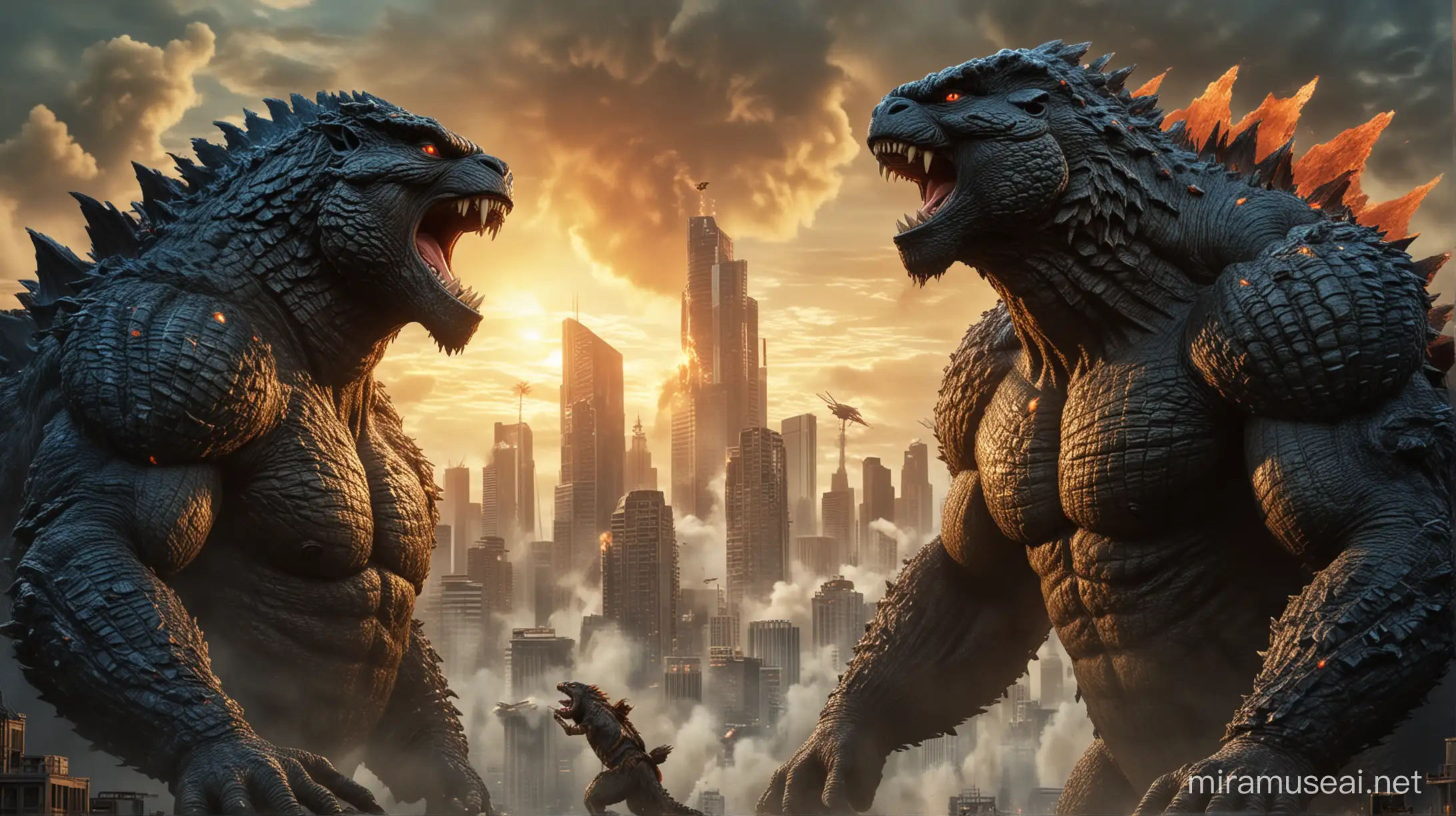Feature both Godzilla and Kong in a face-off at the center of the thumbnail. Show Godzilla towering in the background with his ferocious roar, and Kong in the foreground with a determined expression, ready to fight.  Use a backdrop of a cityscape in ruins, showcasing the aftermath of their colossal clash.  Illuminate Godzilla and Kong with contrasting colors, such as blue and orange