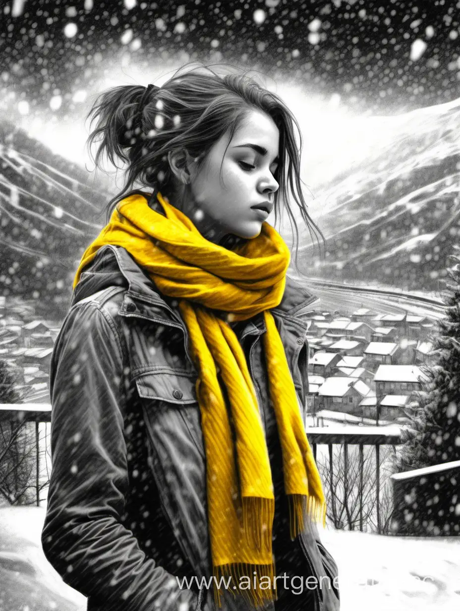 Emotional-Monochrome-Pencil-Art-20YearOld-Girl-in-Grey-Jacket-and-Yellow-Scarf-Amidst-Soulful-Snowflakes