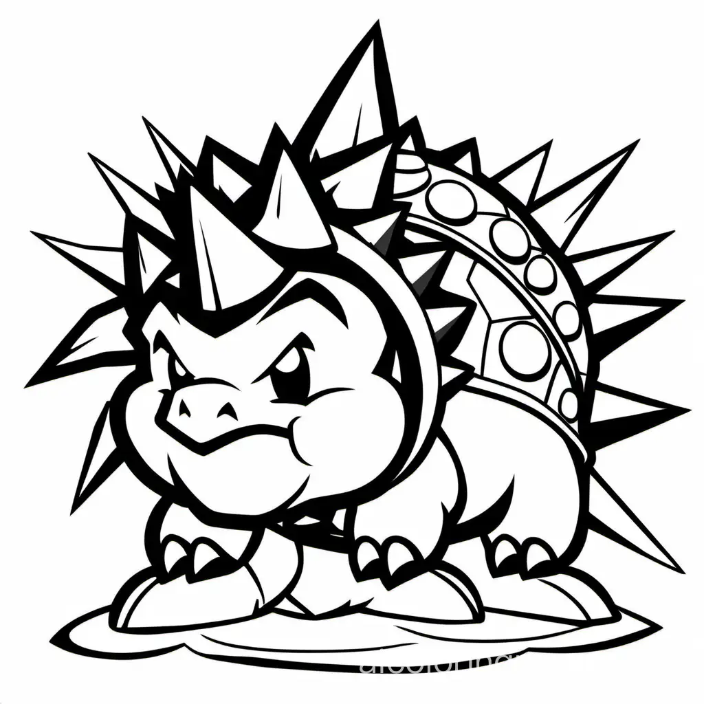 sunny bowser, Coloring Page, black and white, line art, white background, Simplicity, Ample White Space. The background of the coloring page is plain white to make it easy for young children to color within the lines. The outlines of all the subjects are easy to distinguish, making it simple for kids to color without too much difficulty