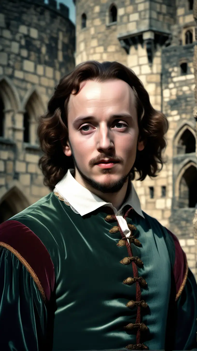 a realistic color photo of 20-year-old william shakespeare with a full head of hair, his body staring to camera with a melancholy, confused and forlorn gaze on his face, set before a castle wall