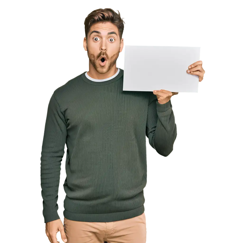 a man showing a white board in hand and looking so surprised 