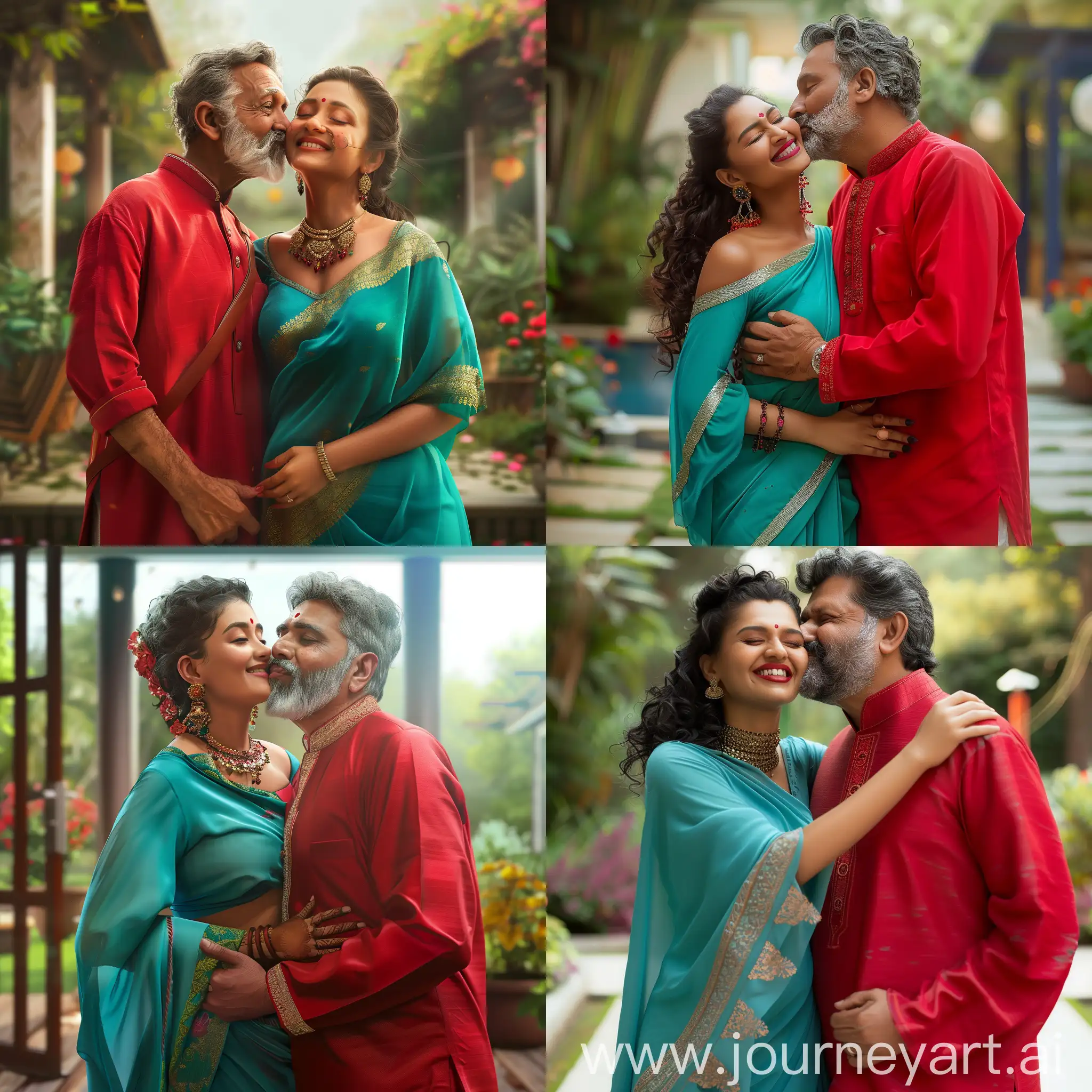 A very beautiful Indian young 20 year old young woman curvy and clad in teal saree with her 55 year old husband who is clad in red kurta, she is kissing him on the cheek with a playful smile, home garden background, hyperrealistic, photorealistic, HD 4k, superior quality, epic philosophy