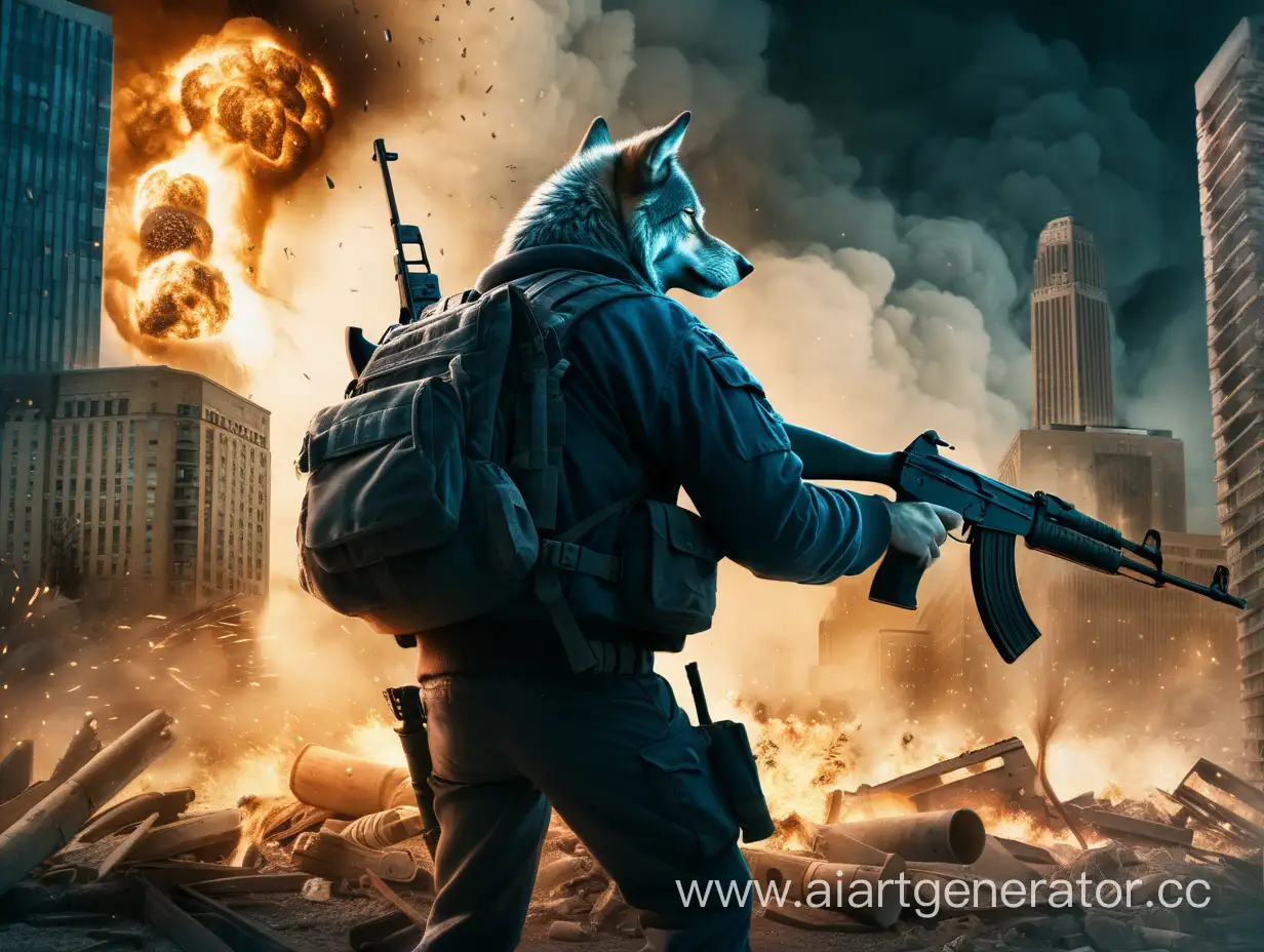 волк стоит с автоматом колашником в руках спиной к взрыву в городе ночю