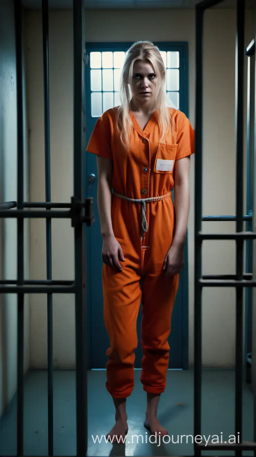 (Cinematic lighting) prison cell containing beautiful blonde European  inmate (young scandinavian)  wearing  orange jumpsuit holding the cell door of the bars,  (detailed eyes and face) . She is barefoot. Shot taken from a distance away from her cell (include her full body from head to feet) as this is taken from a distance. Include a sad expression on her face that suggests she wants to talk with her body language