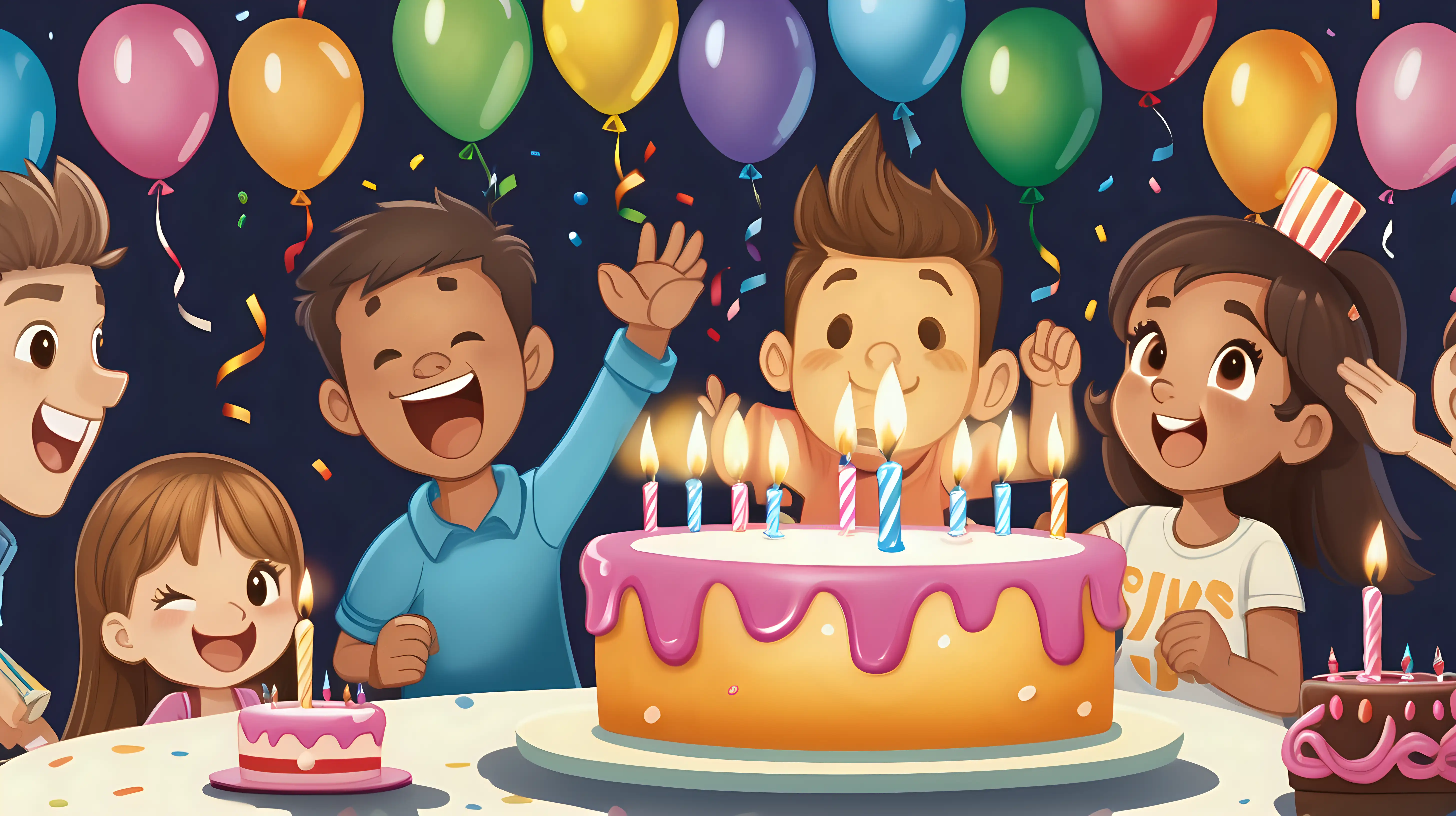 Highlight the excitement of the birthday boy or girl as they blow out the candles, surrounded by friends and family cheering them on with love and laughter.
