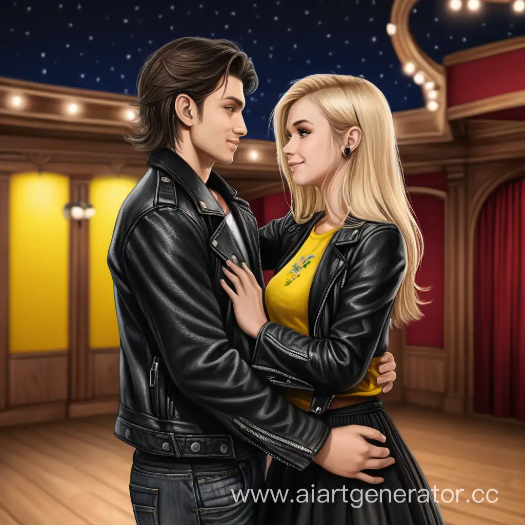 A young blond woman and a young man with dark hair and sad hazelnut eyes (that looks like singer Dmitriy Koldun) are standing together and hugging.  A man is in a black T-shirt, a leather jacket and black jeans. A woman is in yellow bell-like skirt and black flowered blouse. They are smiling while looking at each other. Very romantic. There is a wooden building of the theatre at the background.