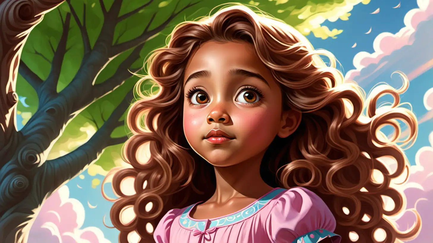Flat art, children's book, cute, 7 year old girl, tan skin, light hazel head down,concerned expression, looking up, disney eye and cheeks, big long tight curl hair brown hair, beautiful, pink and brown dress, sun rays. close up portrait, green nature, willow, trees, blue sky, clouds