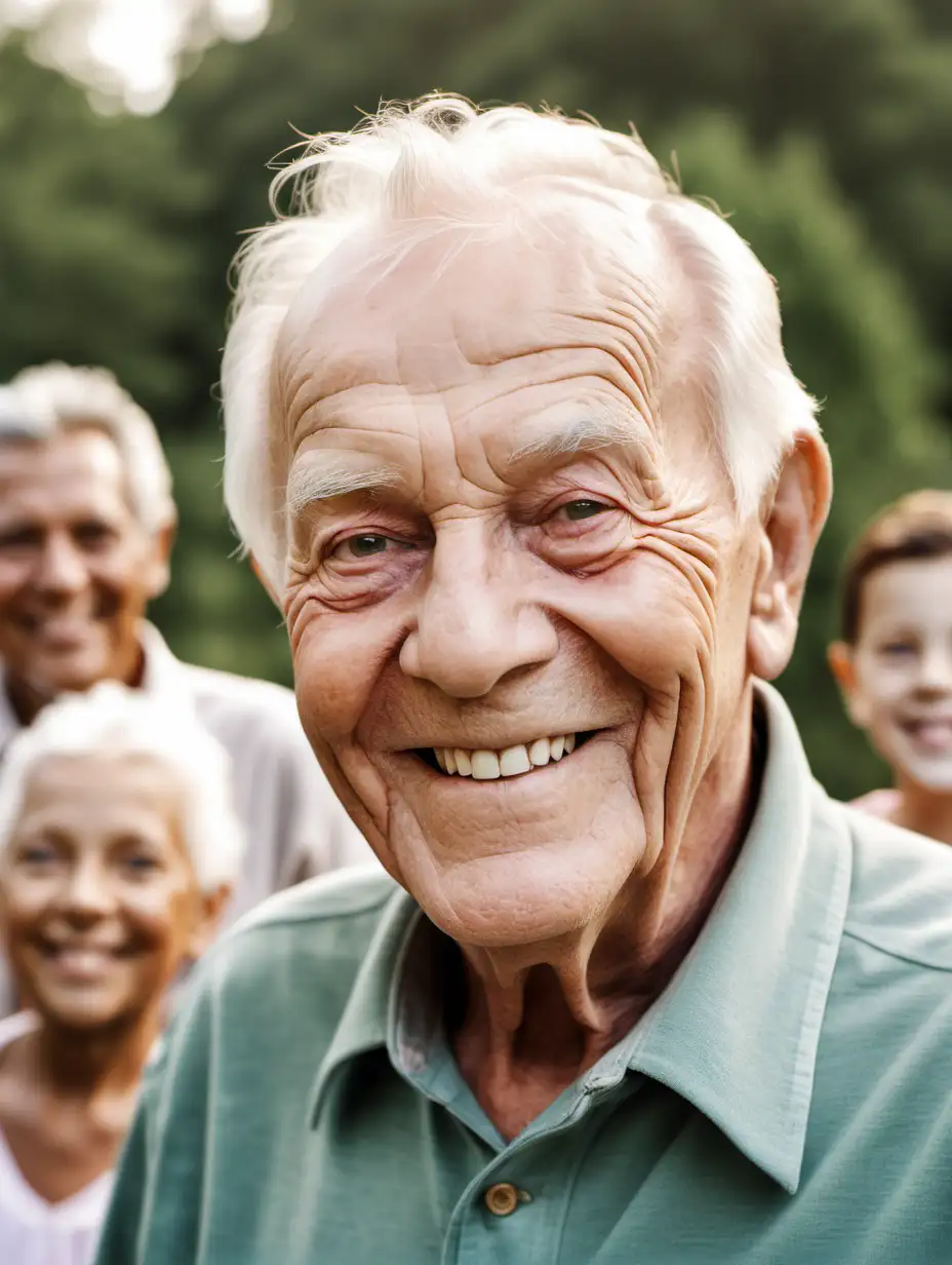 photograph of 75 year old man, head and upper body shot, smiling at the camera, with an outdoor background and family in the background
