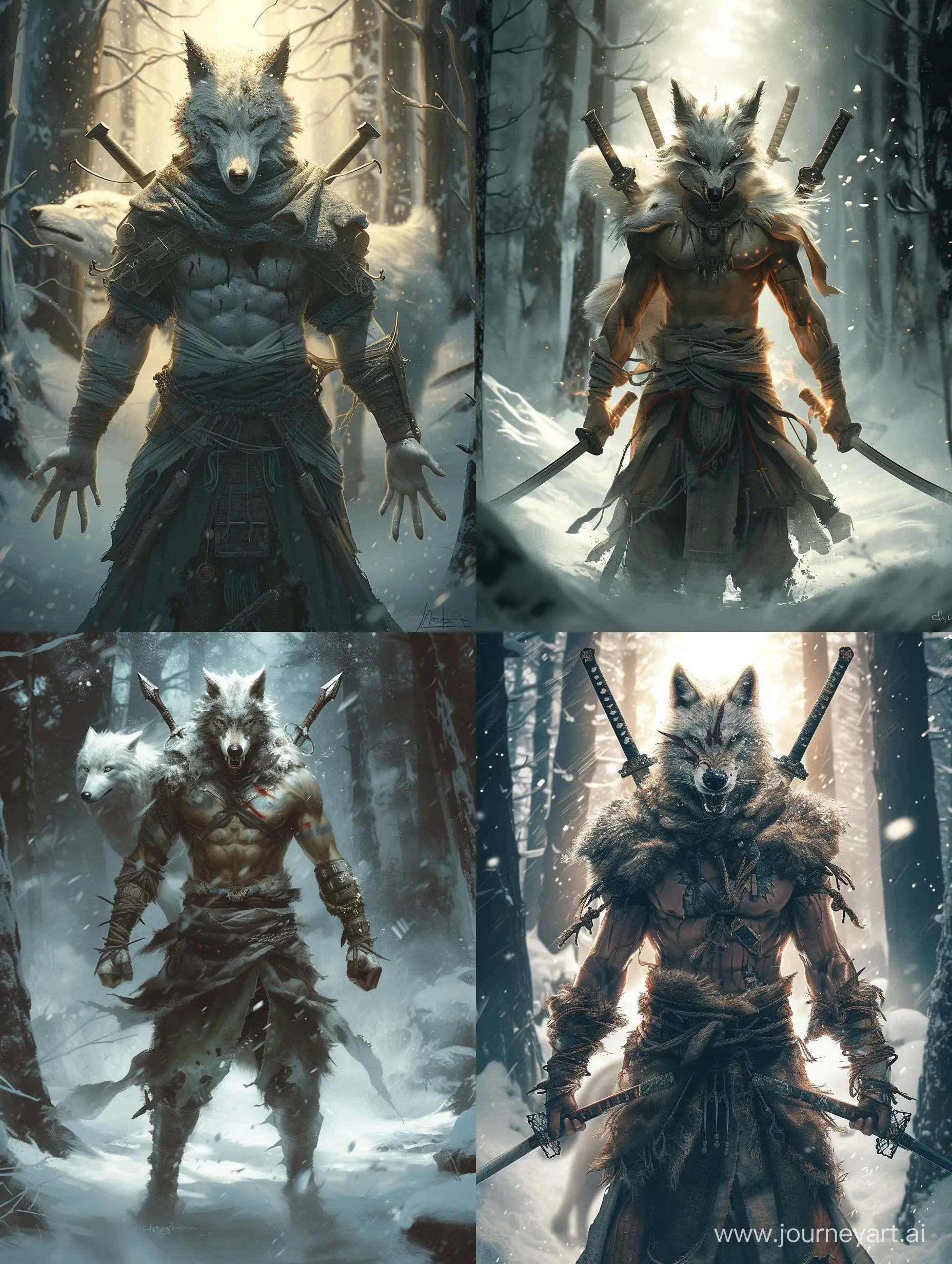 A warrior with a wolf's head and a human body,white wolf,two swords on his back,empty hands,in snowy forest,fierce,Detailed clothing.incredible detail,dark light,terrifying,Digital Art.