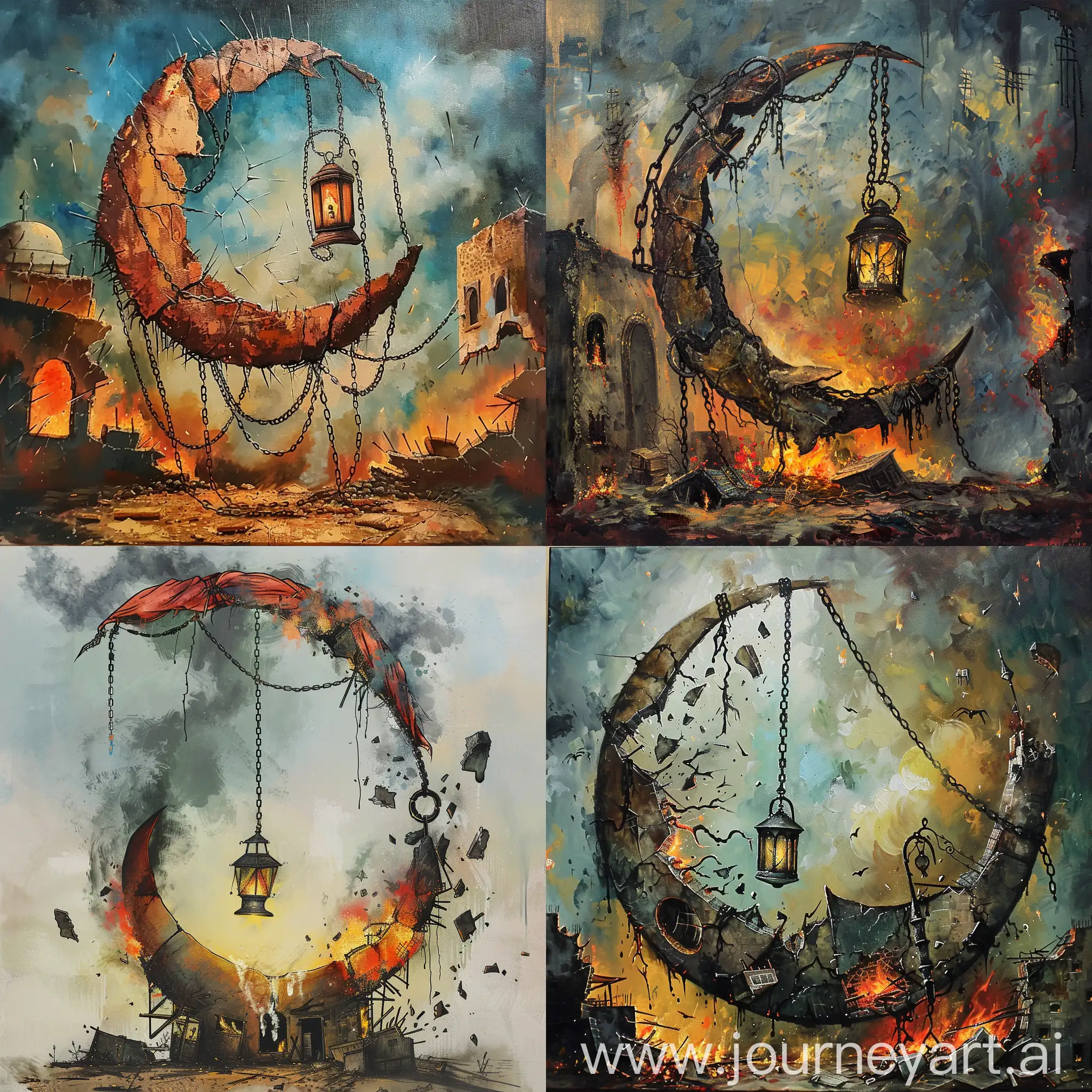 Crescent-Bound-in-Chains-Picassos-Calm-Oil-Painting-Amidst-Shattered-Houses-and-Flames