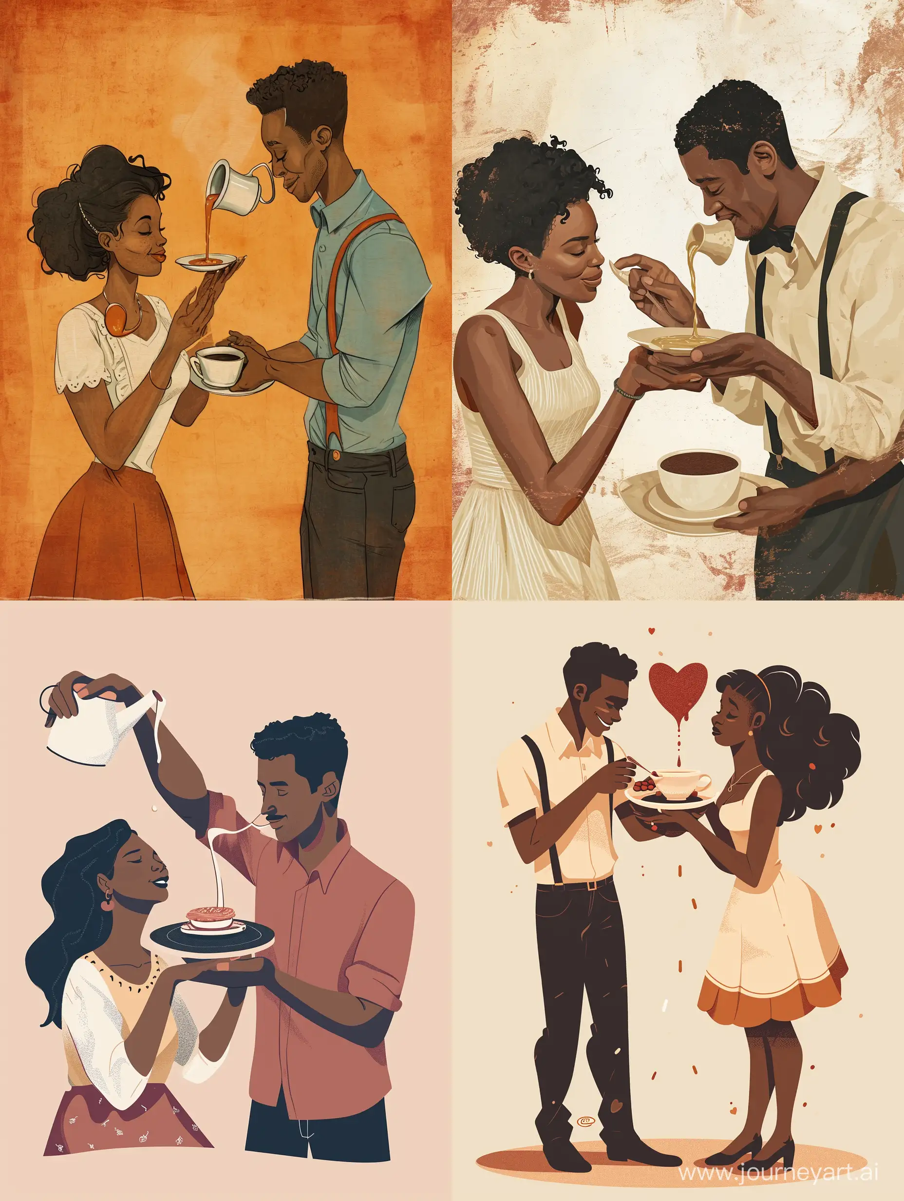 A black couple man and woman. The woman is feeding the man from a plate of love as he pours from a cup of love onto her