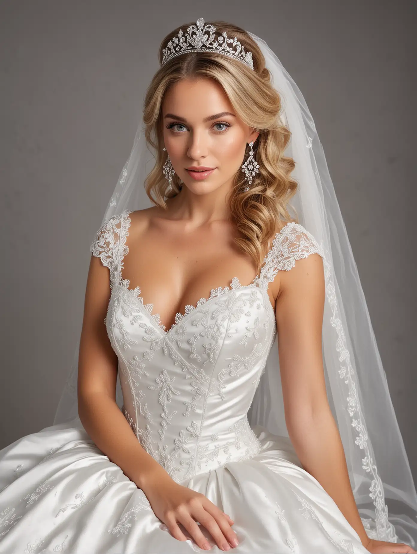A beautiful bride in an elegant wedding dress with veil, wearing diamond earrings and a headband on her hair, posing for the camera. The white satin ball gown features lace accents along its bodice and waistline, while the full skirt cascades down to the floor. She has long blonde straightened hair adorned by a delicate tiara that adds depth to her face. Her pose is relaxed yet sophisticated as she poses against a soft grey background. Shot with Canon EOS R5 using a wideangle lens at f/2.8 aperture setting,facing the camera,model indoors