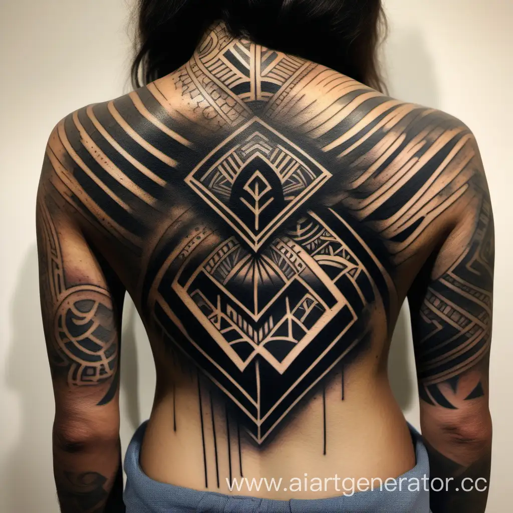 Black Tattoo in Polynesian Watercolor, Sand Spraying, Volumetric Line Crush High Art