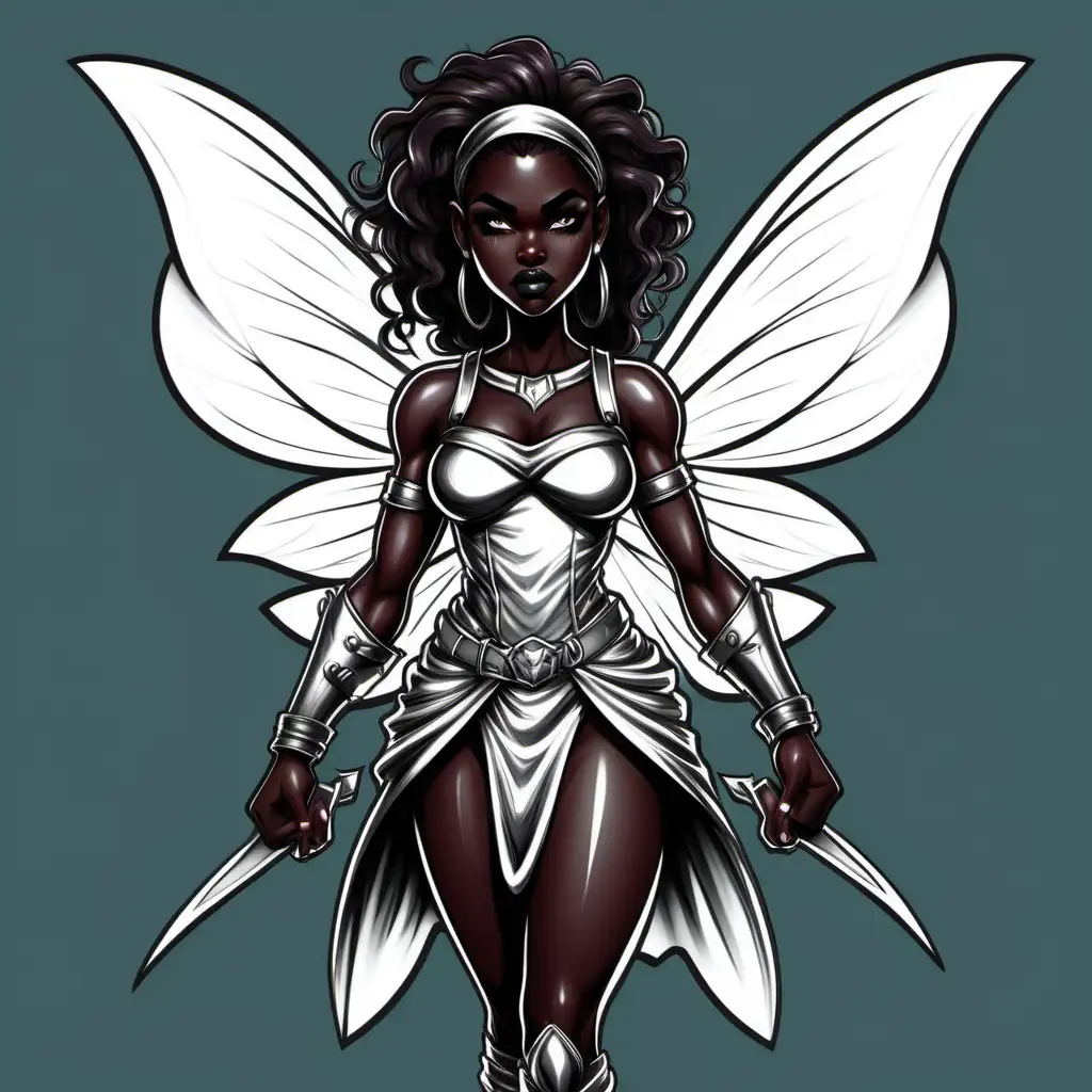 Girl superfairy badass dark skin. Cartoon line drawing