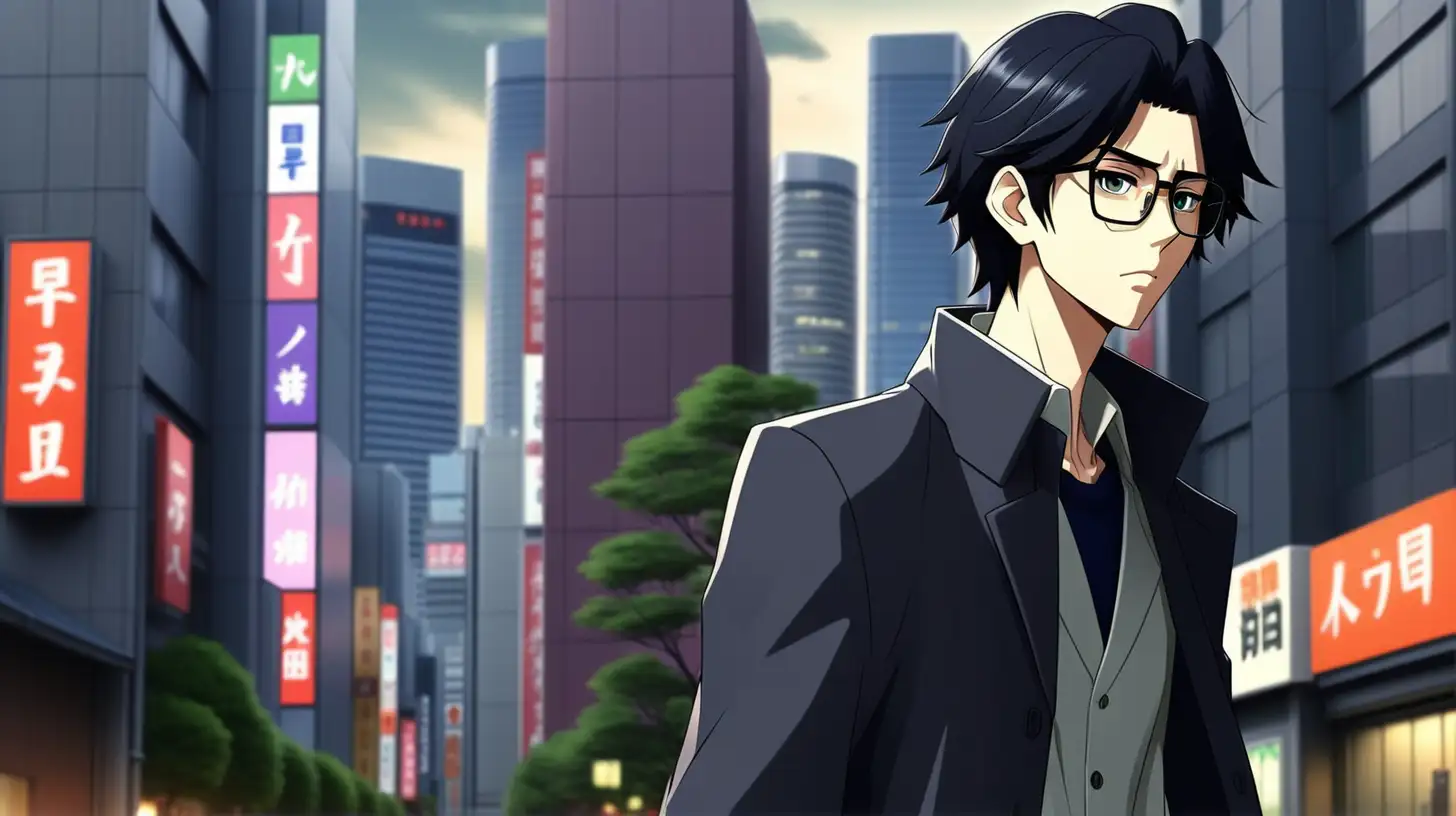handsome anime young man, was walking leisurely, black hair, wearing glasses, modern clothes, Tokyo city background with beautiful buildings, simple full color, high quality, lively eyes, dark, gloomy, dark color, natural eyes, hd, hyper realistic,