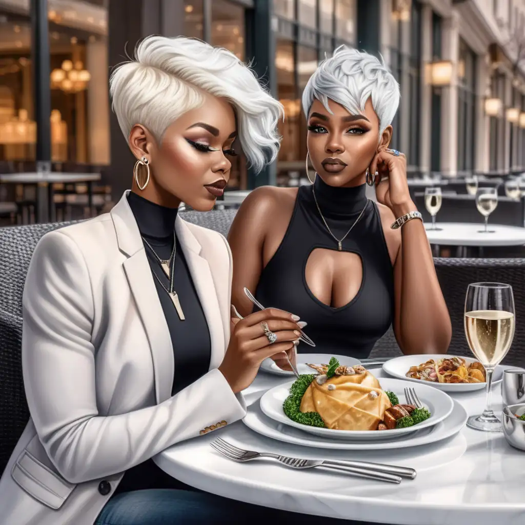 An realistic of a beautiful 
Black woman platinum blonde pixie haircut with Boss babe,
having lunch in the winter time with her bestie at a luxury restuarant