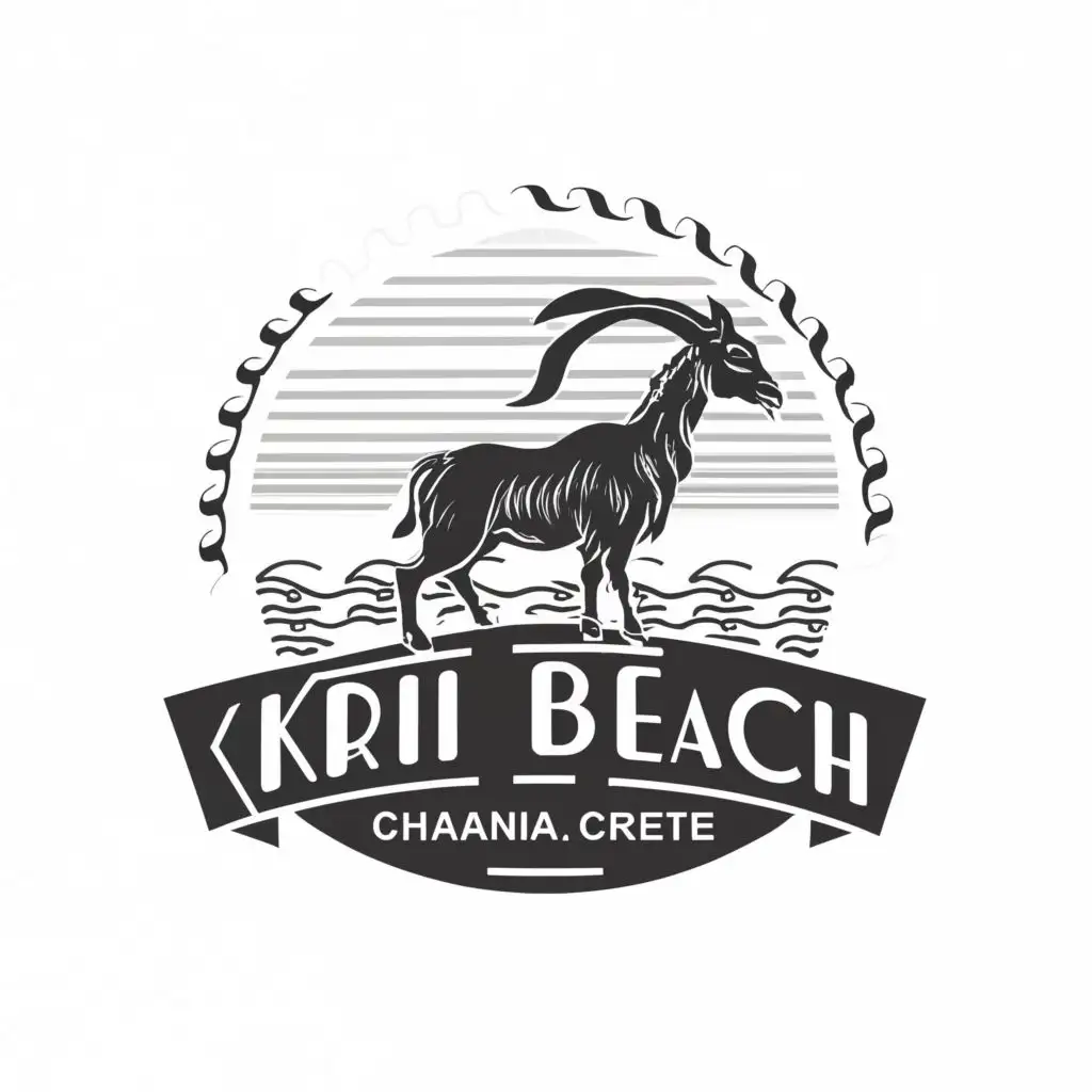 logo, majestic Greek mountain goat standing on rocks overlooking ocean waves all in black and white, with the text "Kri Kri Beach "Chania, Crete"", typography, be used in Events industry