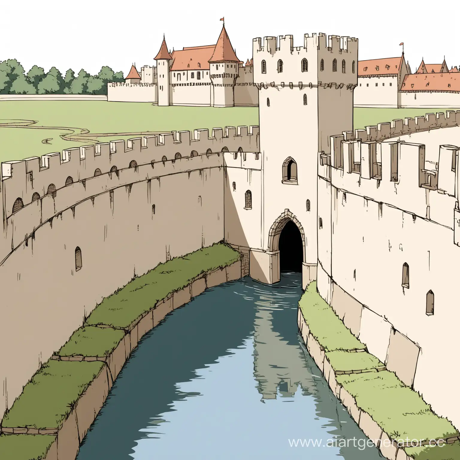 Medieval-Moat-with-Cartoon-Castle-on-White-Background