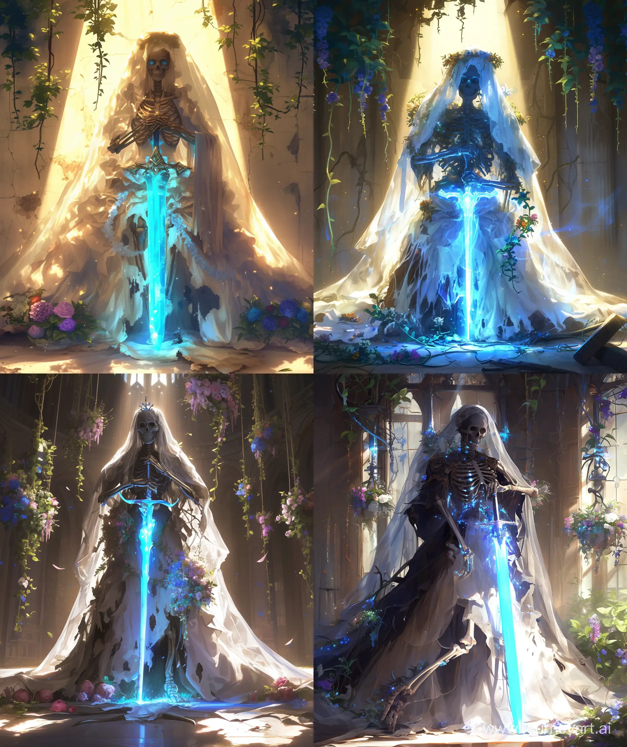 Beautiful fallen queen skeleton, wearing wedding gown remain, flowers around, hanging flowers , hanging ivy , holding a glowing sword, glowing light around her feet , blue light coming from sword, sunlight over skeleton head and transparent veil, ultra HD, fantasy look, --ar 27:32 --niji 6