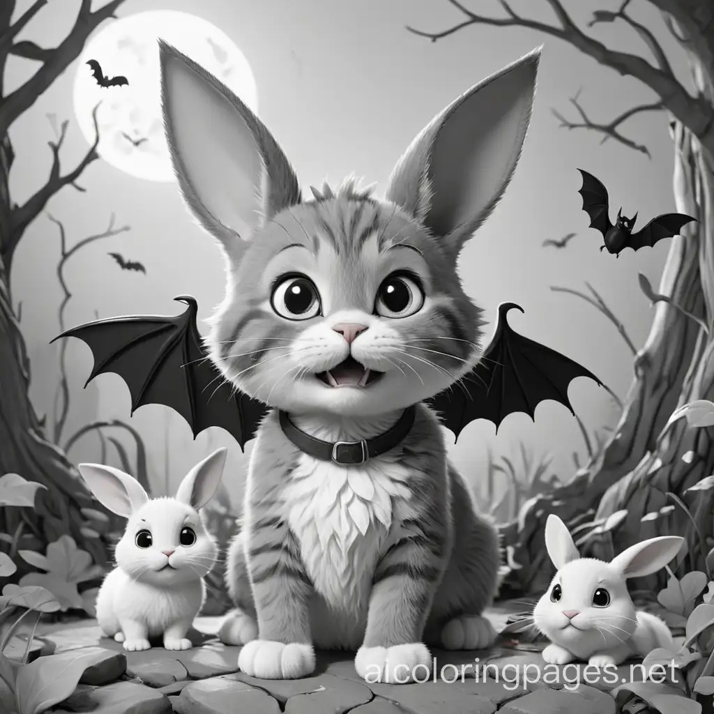 cartoon scene with a cat, a bunny, and bat , Coloring Page, black and white, line art, white background, Simplicity, Ample White Space. The background of the coloring page is plain white to make it easy for young children to color within the lines. The outlines of all the subjects are easy to distinguish, making it simple for kids to color without too much difficulty