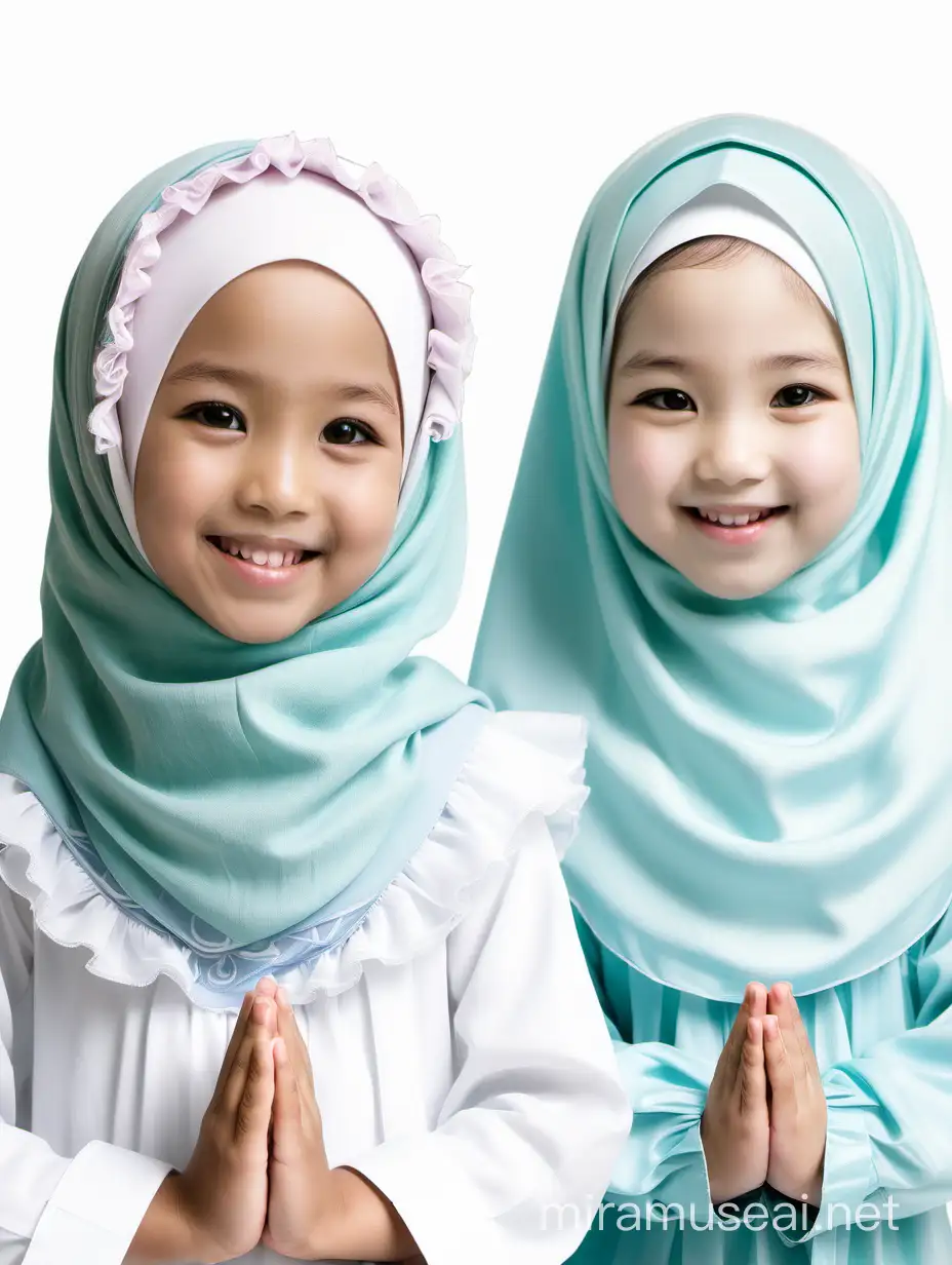 (mukena), 2 girls,duo, japanese girls,very beautiful,white skin,5 year old,7 year old, smile, using a PRAYER HIJAB frilly, white background, real_life, from_front_view
