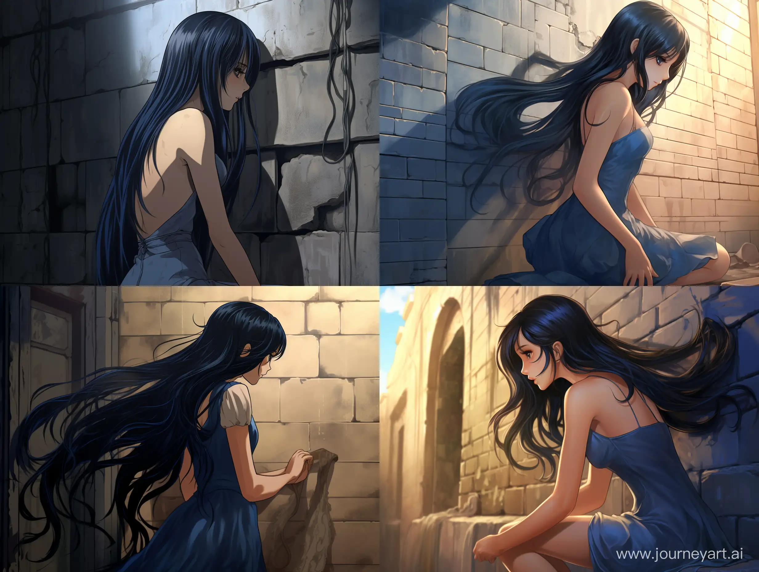 anime girl long black hair bending over against wall blue dress