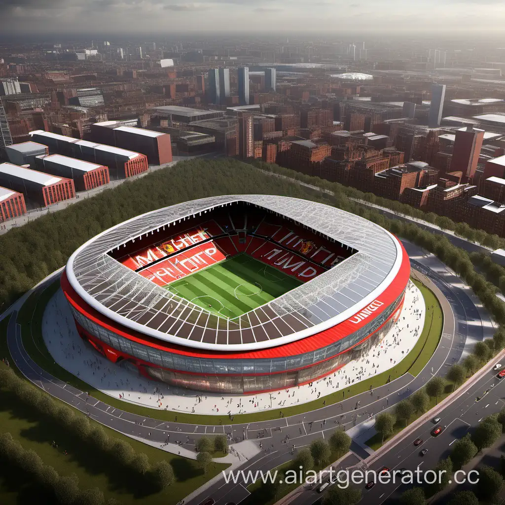 Спроектировать новый стадион для команды Манчестер Юнайтед, чтобы рядом со стадионом был парк, в котором будут футбольные коробки и тематические футбольные зоны отдыха