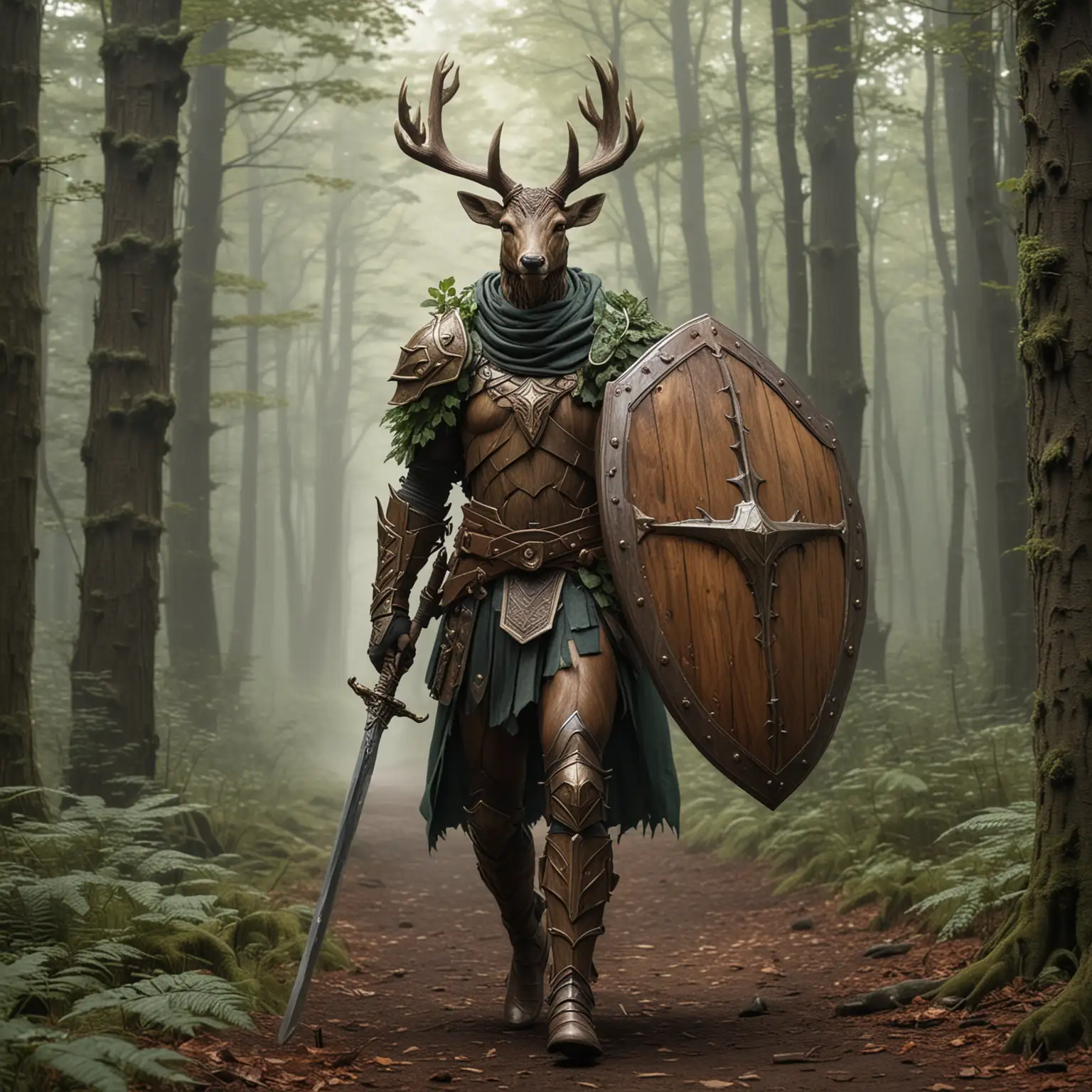 humanoid deer paladin in wooden and helmet with leafy cloak holding a large wooden shield and sword walking through a forest