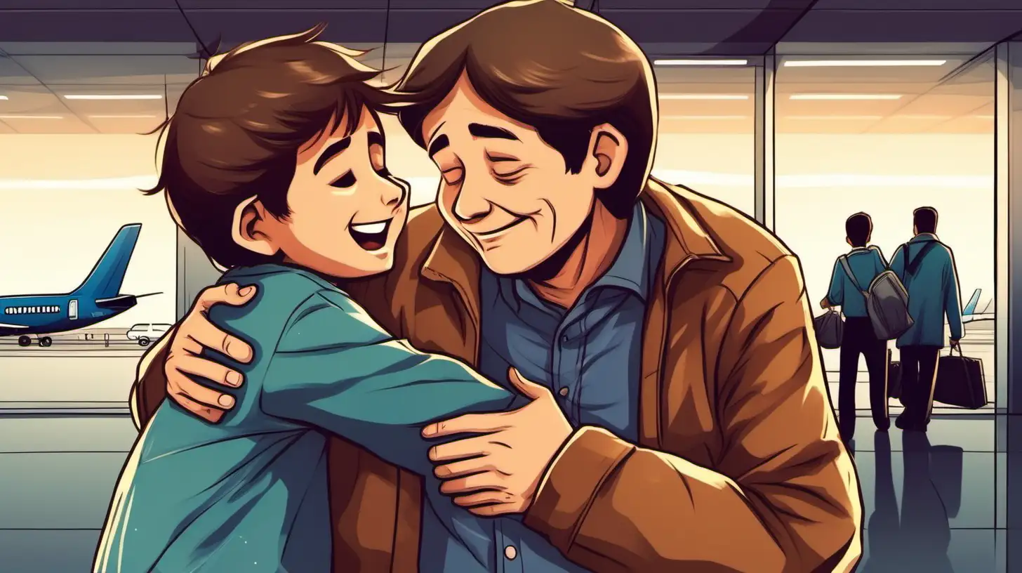 illustrate a ten years old brown hair boy  hugging  his grandfather  in the airport, night time