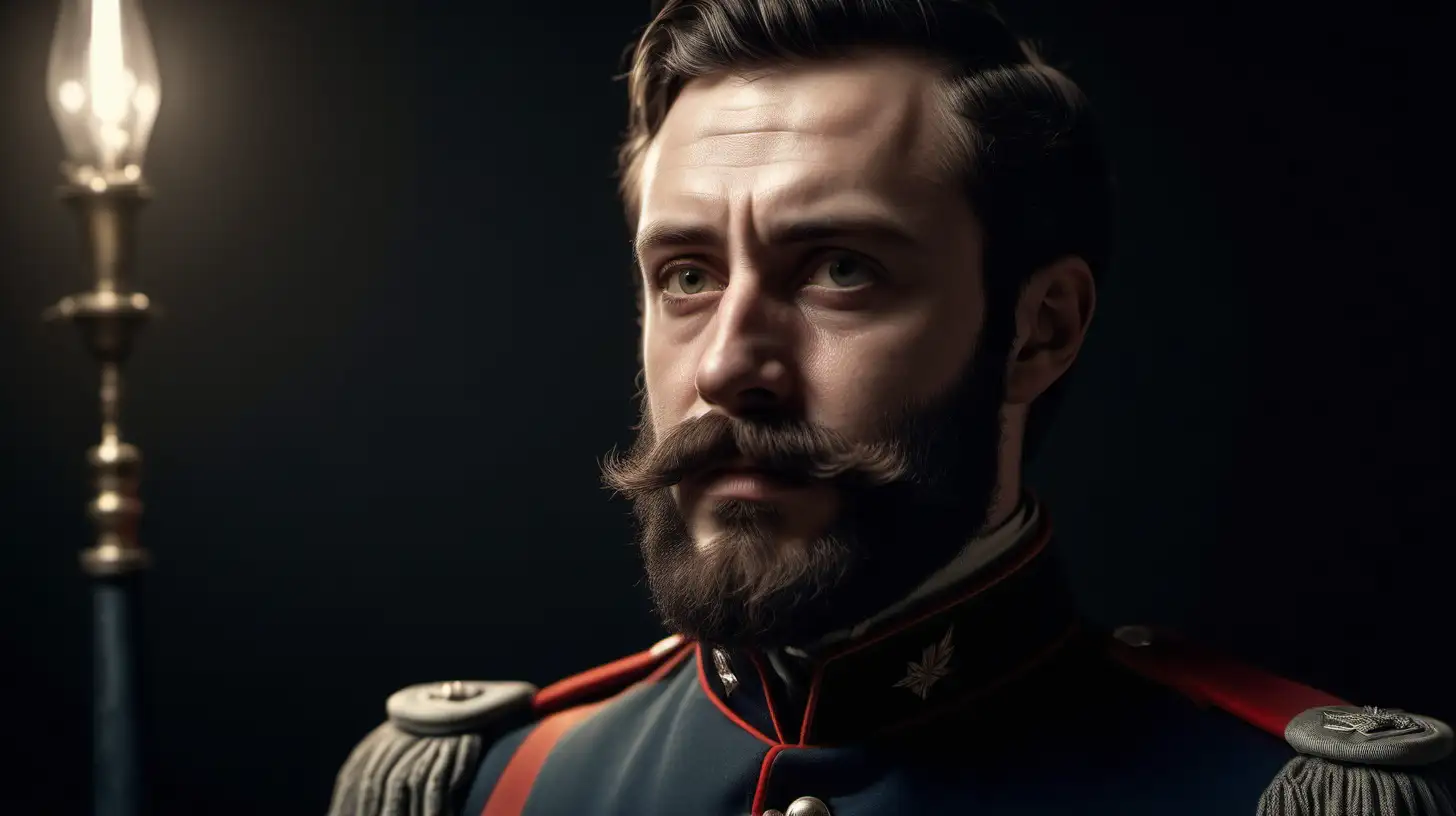 Imagen ultra realista,hombre de 30 años con barba y bigote ancho,militar siglo XIX, iluminación cinematográfica,alta definición,16k