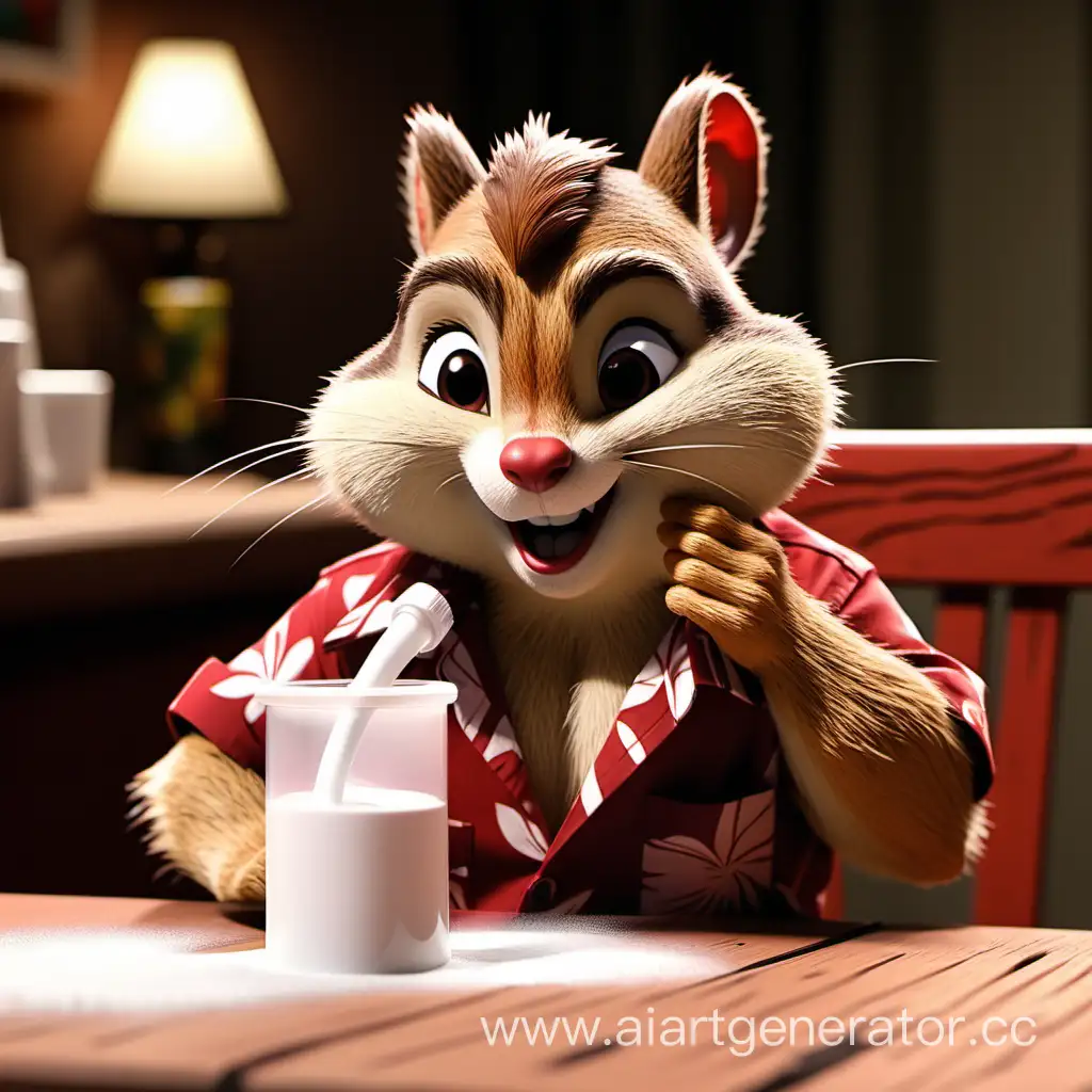 Cartoon character chipmunk  Dale from "Chip 'N Dale Rescue Rangers" wearing a red Hawaiian shirt sniffing white powder from the table with his nose through a tube