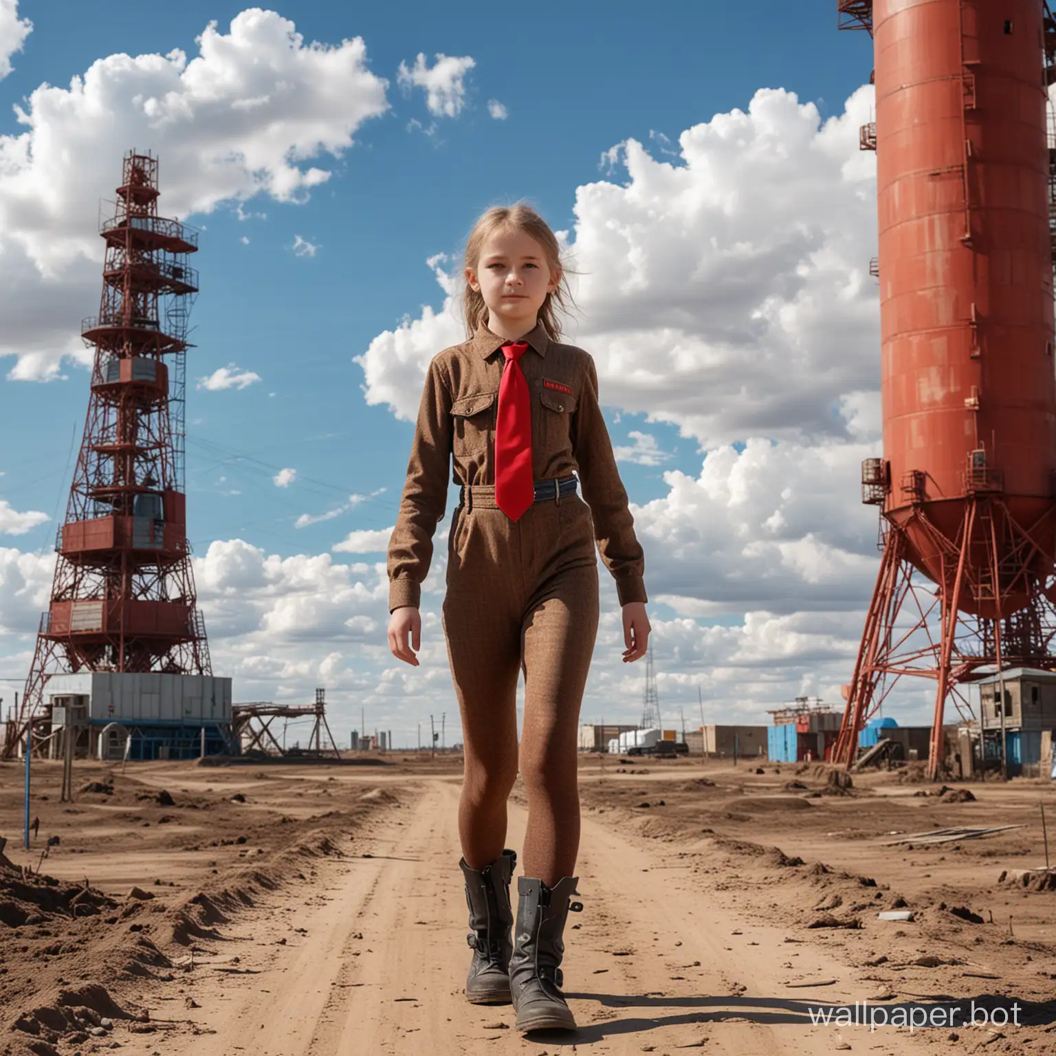 Young-Soviet-Girl-in-Brown-Bodystocking-Strolling-Cosmodrome-on-a-Cloudy-Blue-Sky-Day