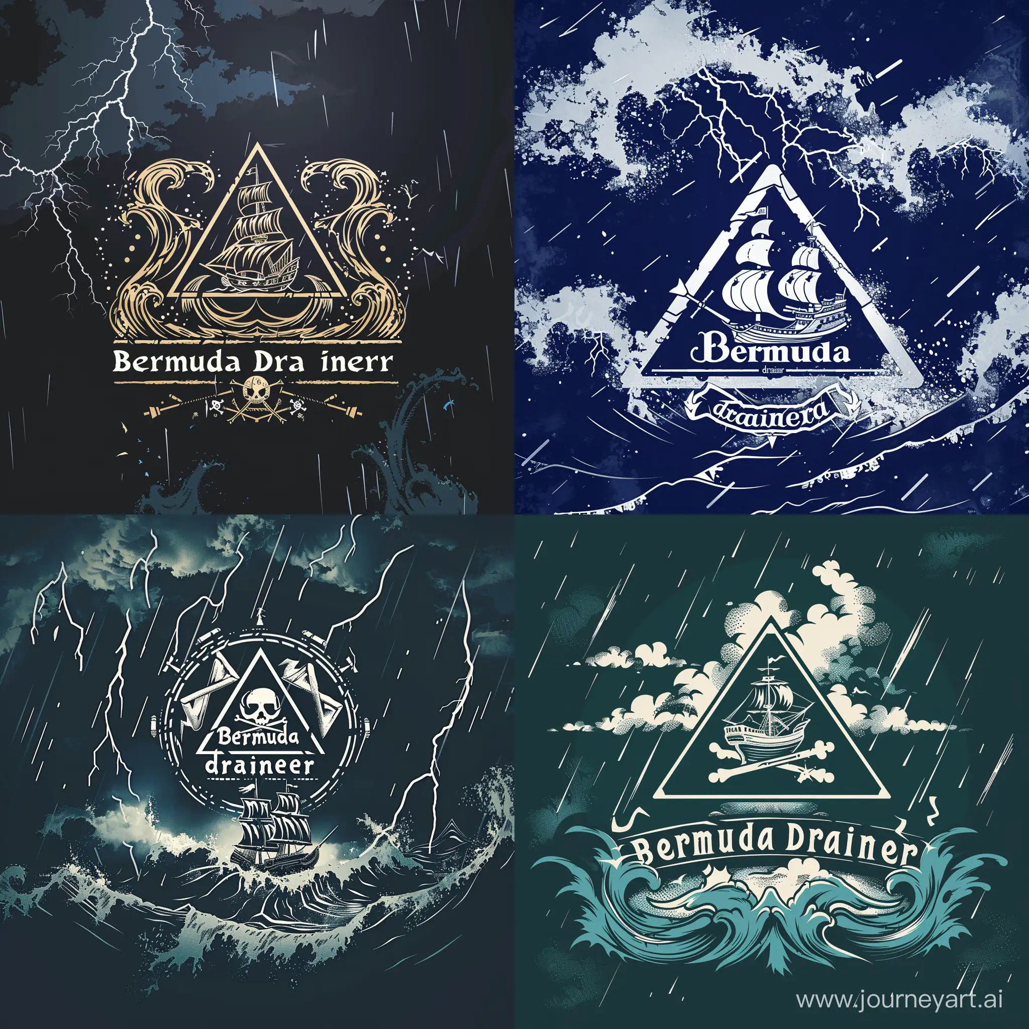 logo named “Bermuda drainer” with a triangle , pirate ship in a thunderstorm  sailing through waves