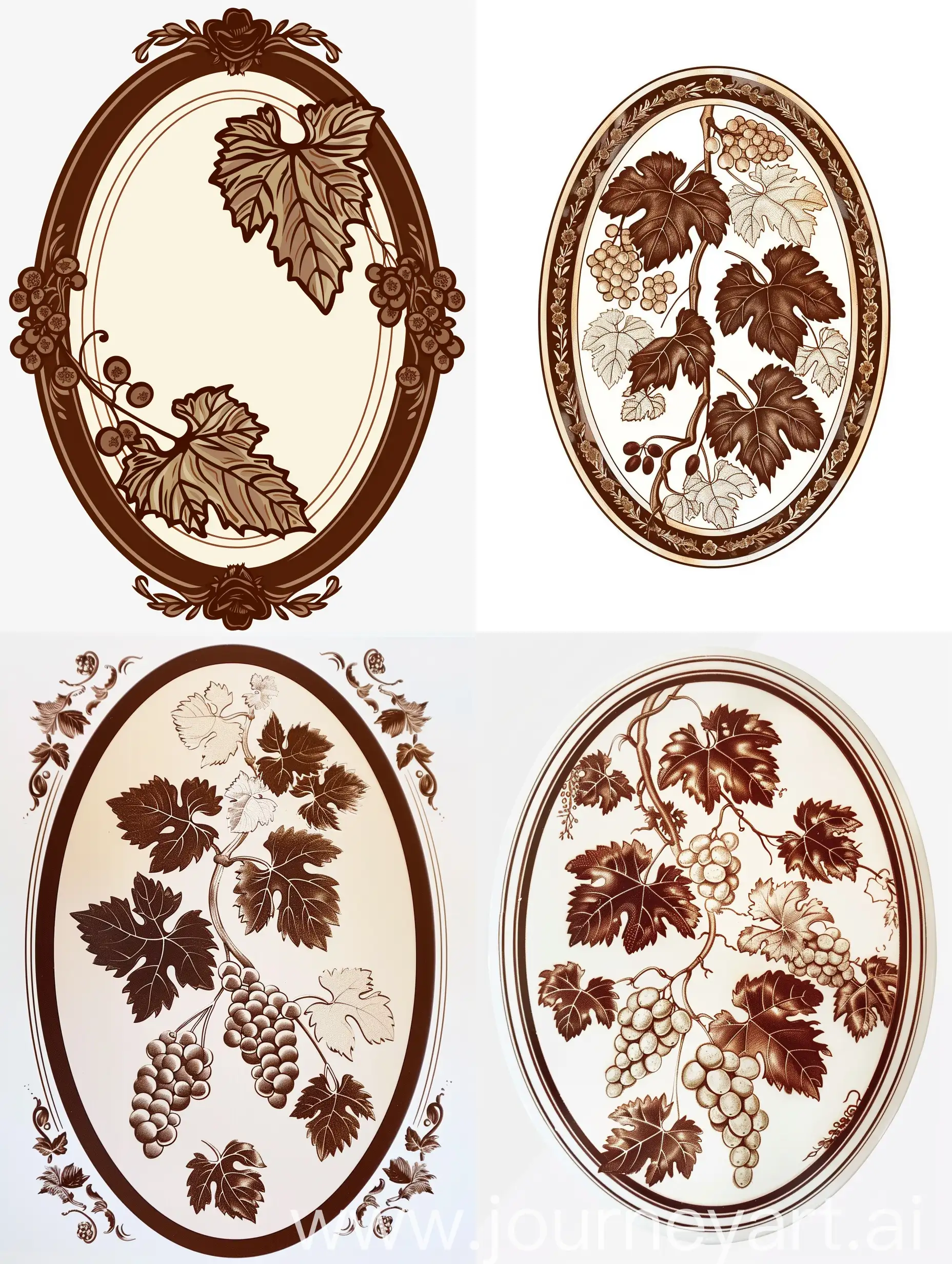 Delicate ornament, stripe along the contour of an oval of translucent small grape leaves of chocolates, chocolate, on a white background, flat illustration, vintage style, Victorian style